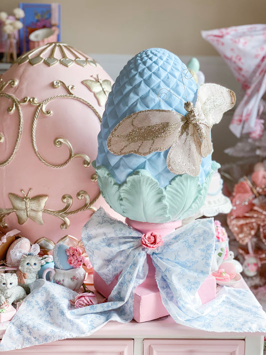 Large Bespoke Pastel Blue Egg Finial with Champagne Butterfly