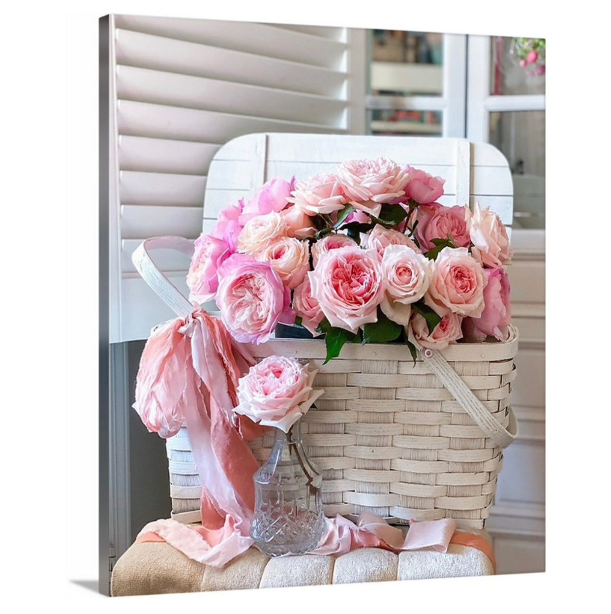 Pink Roses in a Picnic Basket Gallery Wrapped Canvas