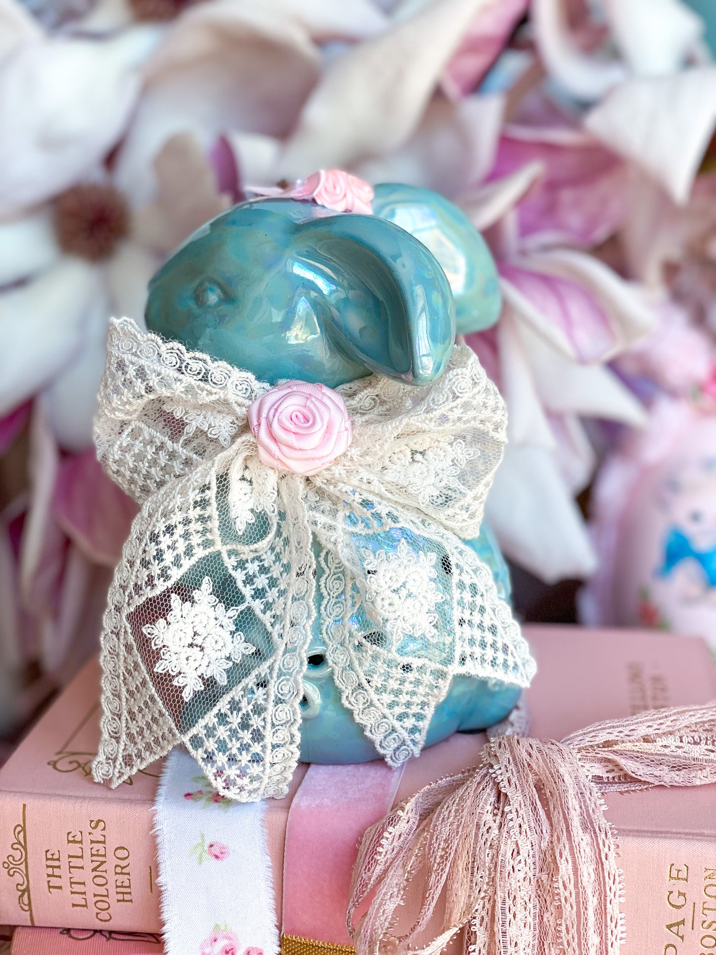 Bespoke Pastel Blue Grandmillennial Potpourri Bunny with vintage lace bow and pink ribbon flowers