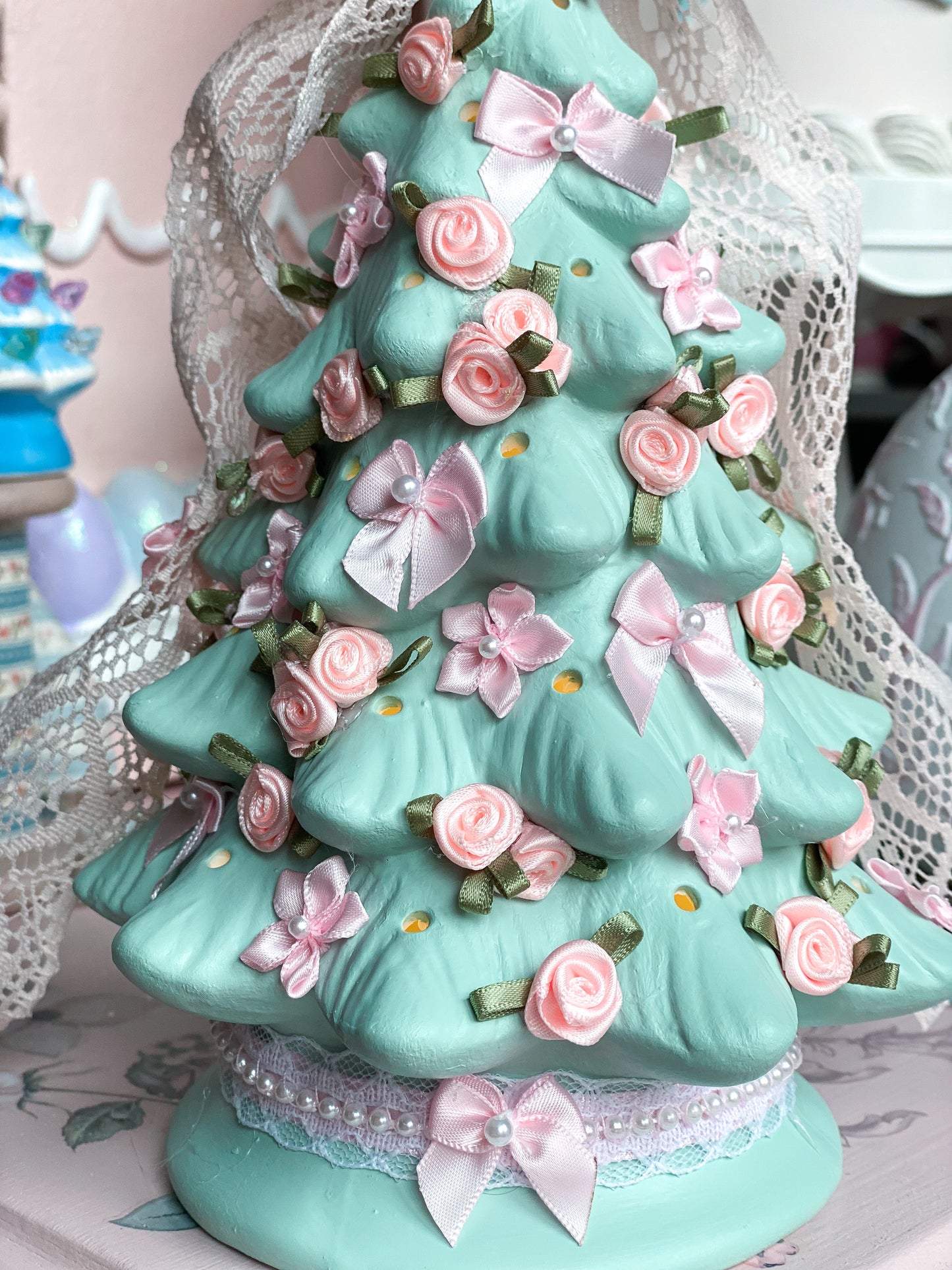 Bespoke Mint Green Spring Tree with Pink Flowers
