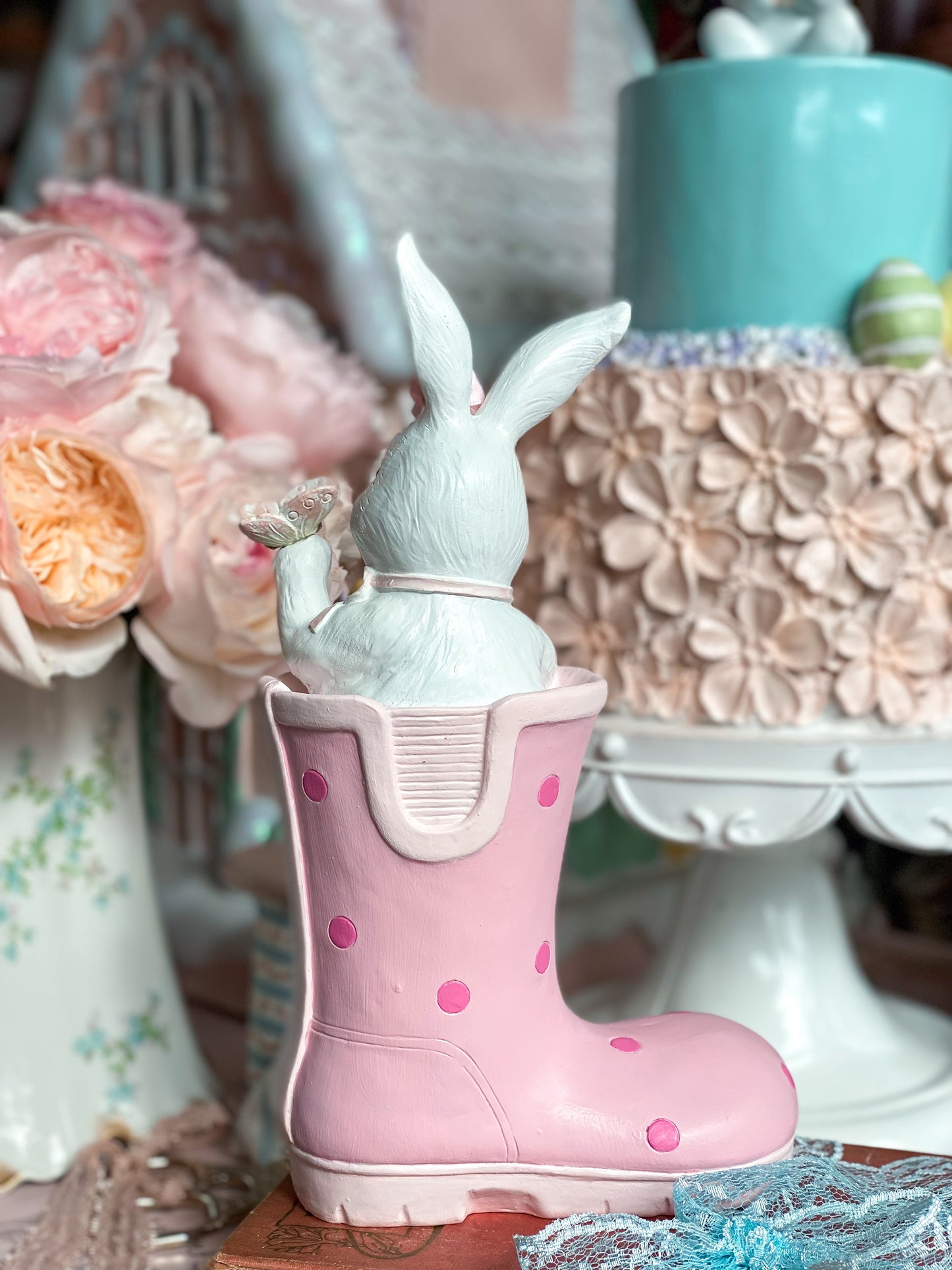 Bespoke Easter Bunny in Pastel Pink Wellie Boot holding Butterfly