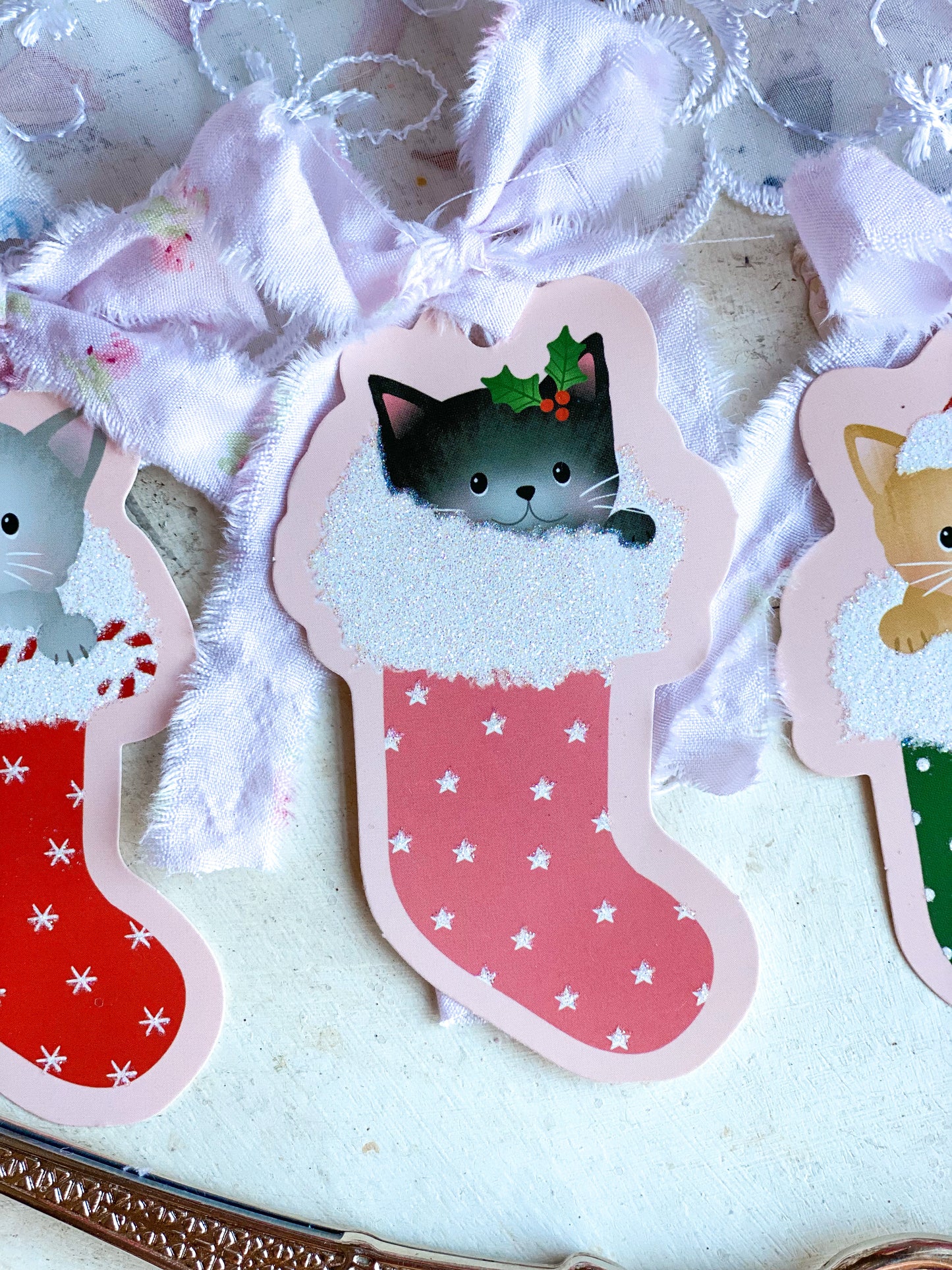 Bespoke Kitty Cat Gift Tags with Shabby Chic ties