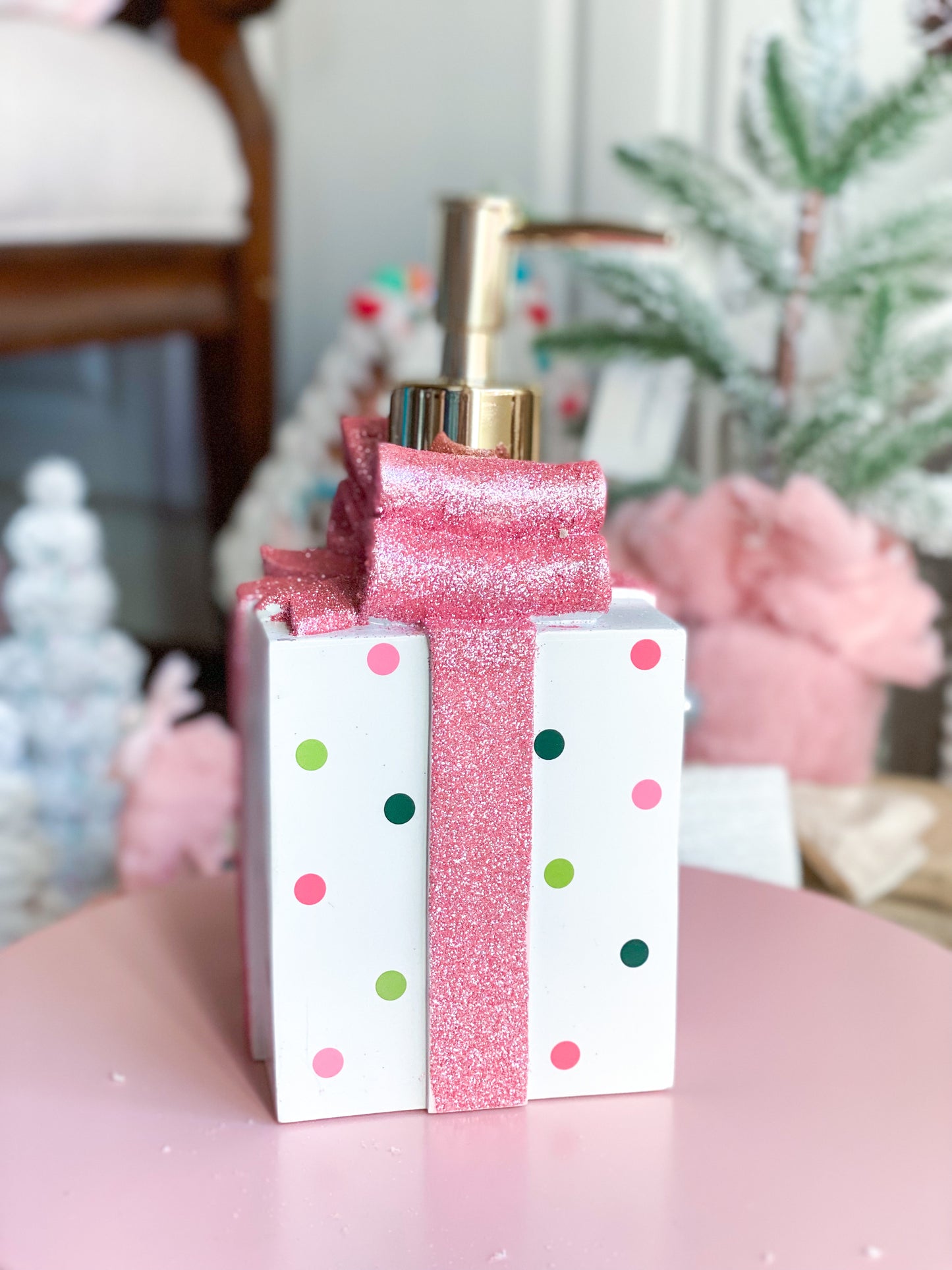 Polka Dot Gift Box with Pink Glitter Bow Soap Dispenser