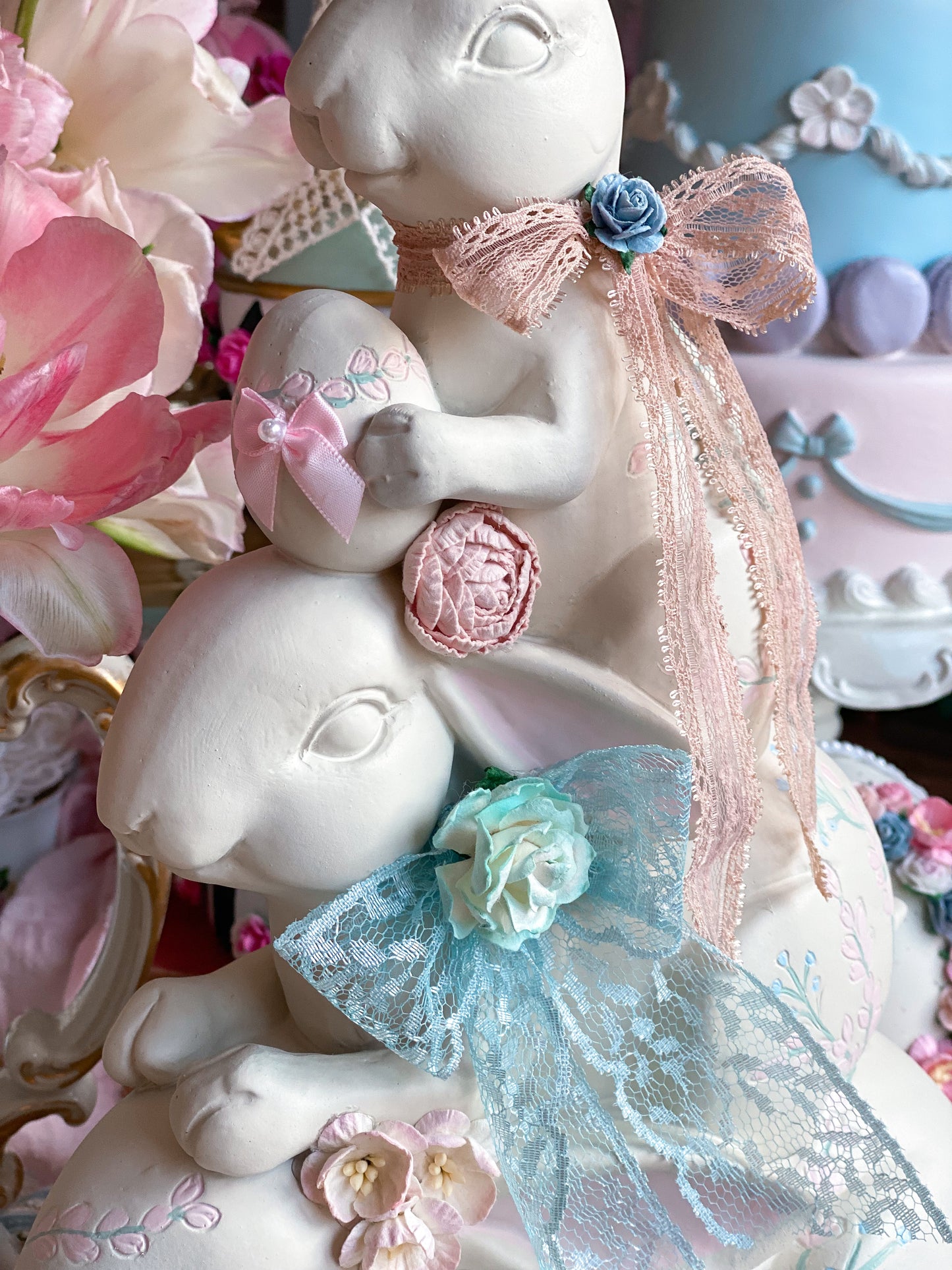 Bespoke Pastel Pink, Blue and Teal Stacked Bunnies with Flowers and Vintage Ribbon