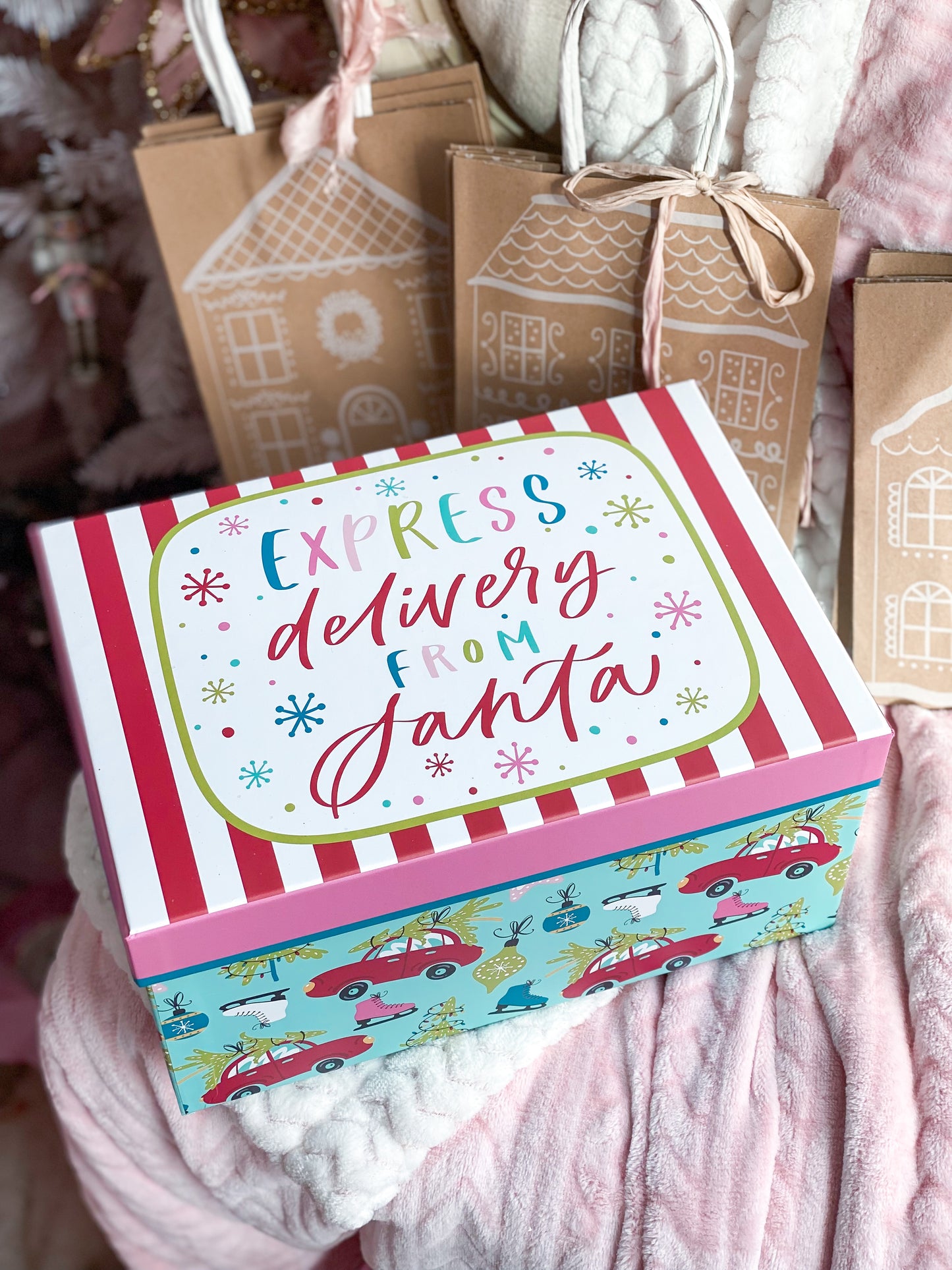 Pink, Teal and Red Merry Christmas Gift Boxes