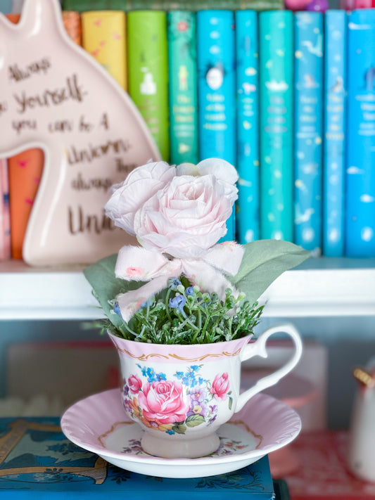 Bespoke Pink and Purple Rose Teacup Arrangement