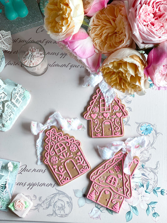 Bespoke Pink Hand Painted Gingerbread House Ornaments