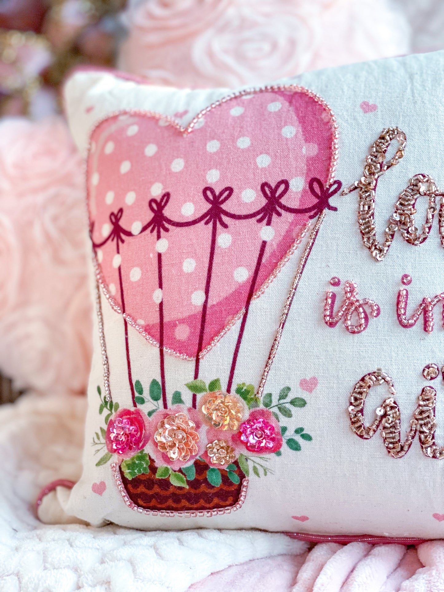 Pink Hot Air Balloon Beaded Decorative Throw Pillow