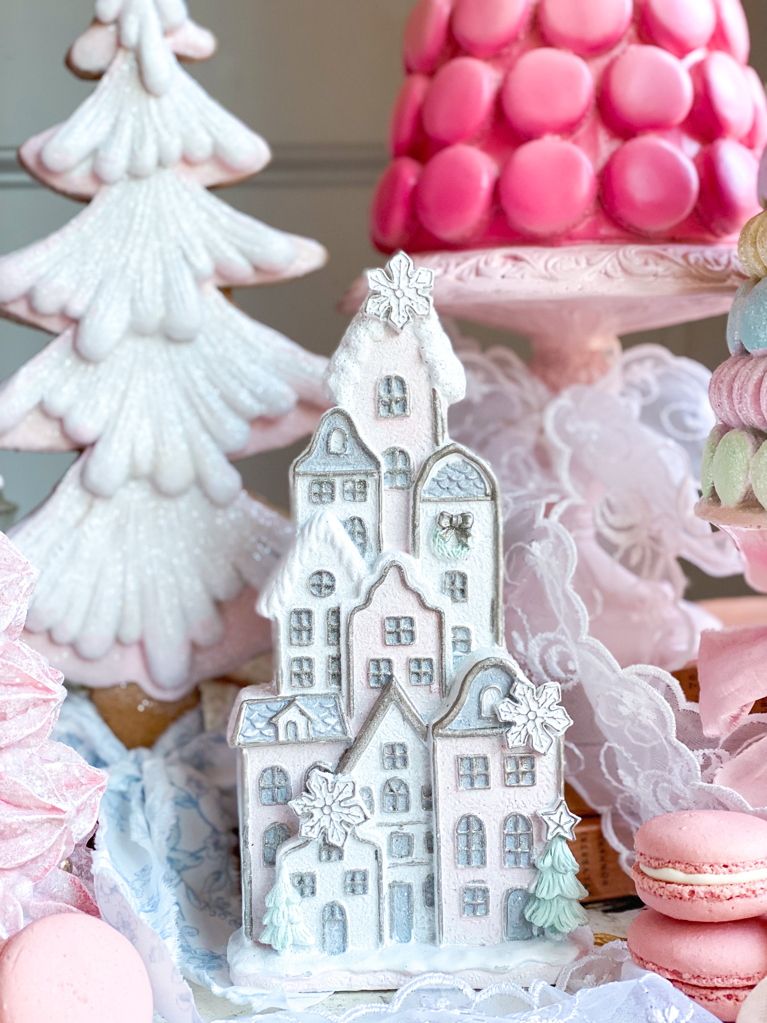 Pink pastel gingerbread house castle popular tree lot