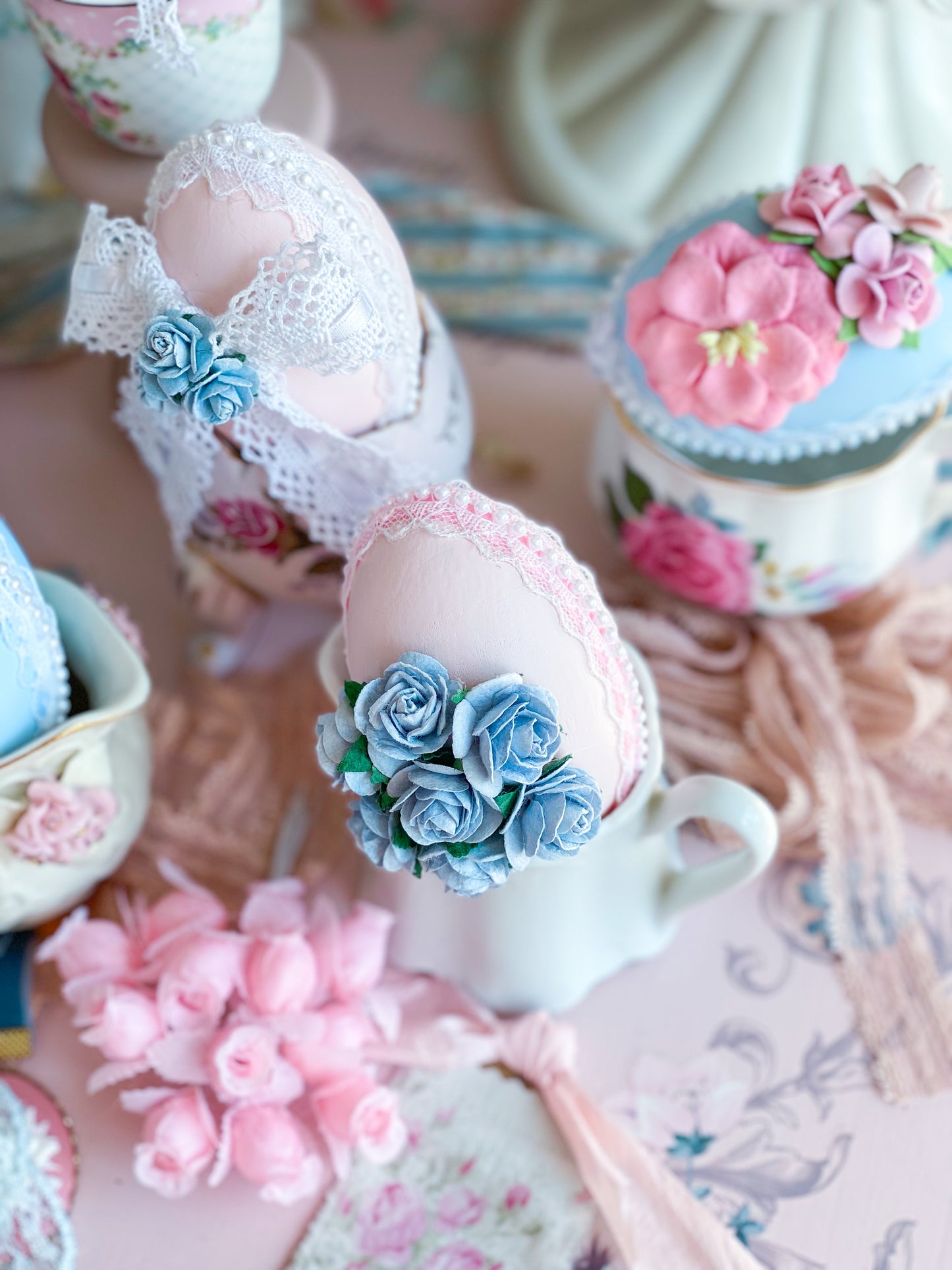 Set of 3 Bespoke Handmade Pastel Pink Shabby Chic Grand Millennial Egg Bowl Sitters with Blue Flowers