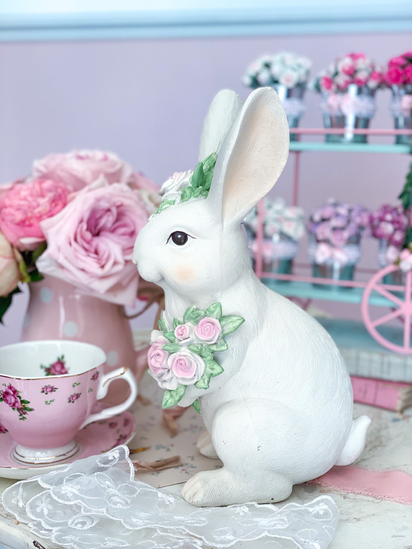 White Bunny with Pink Roses Figurine