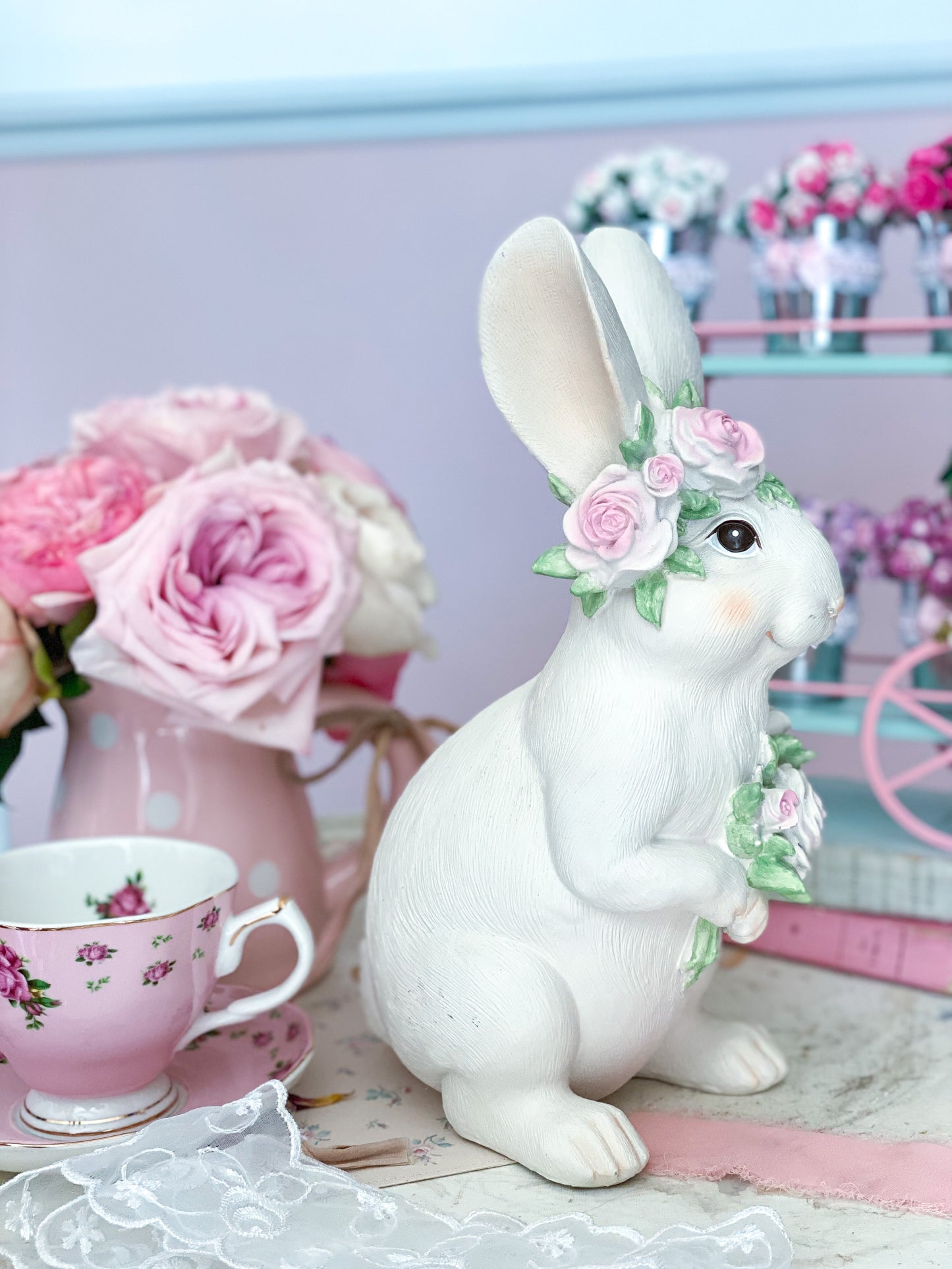 Shabby Chic Grand Millennial Easter Bunny with Pastel Pink Roses Figurine