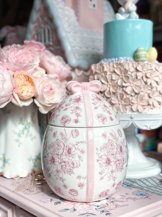 Pink Floral Toile Egg Cookie Jar