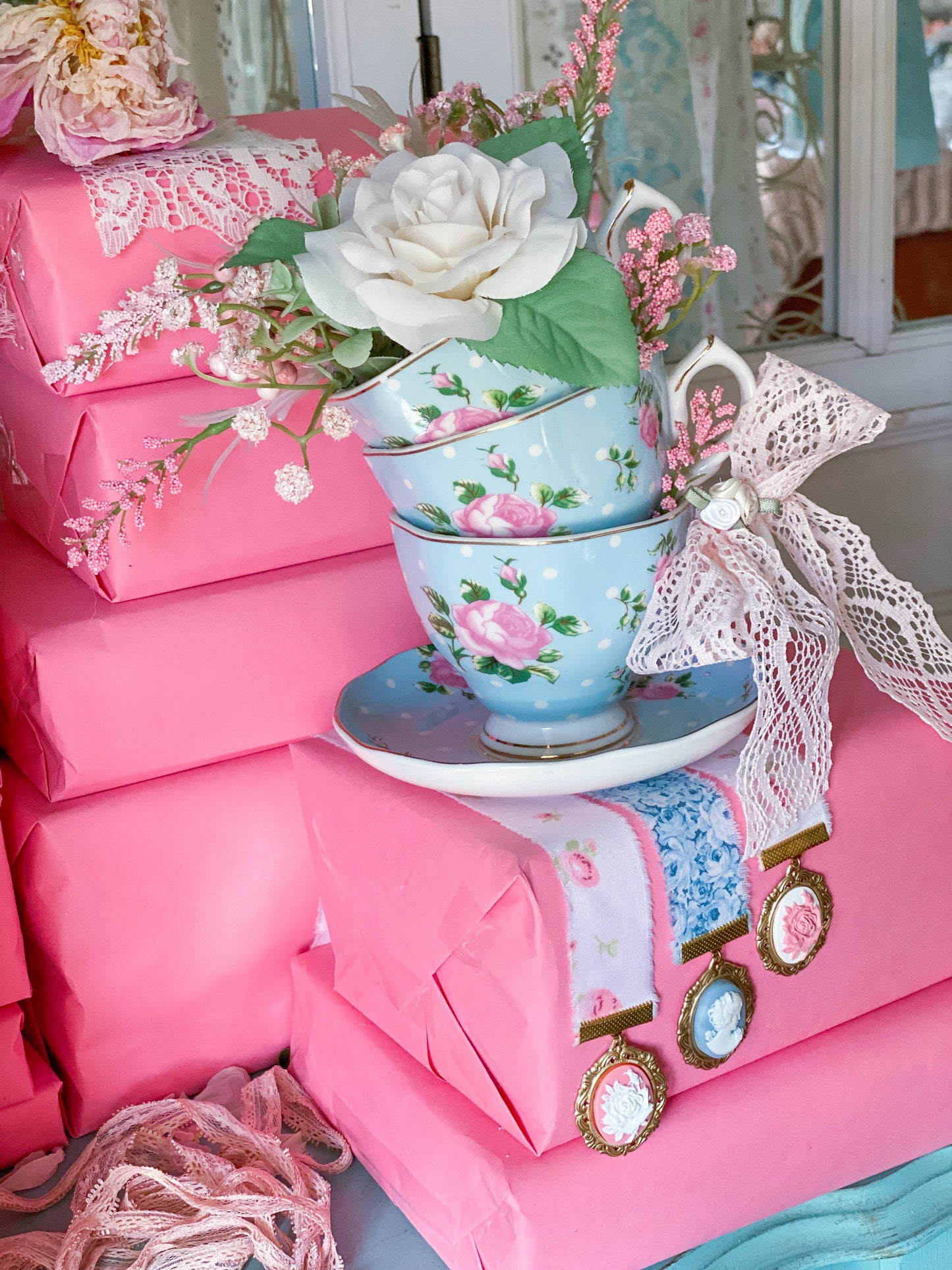 Bespoke Pastel Blue & Pink Stacked Royal Albert Style Shabby Chic Tea cups with Floral Arrangement