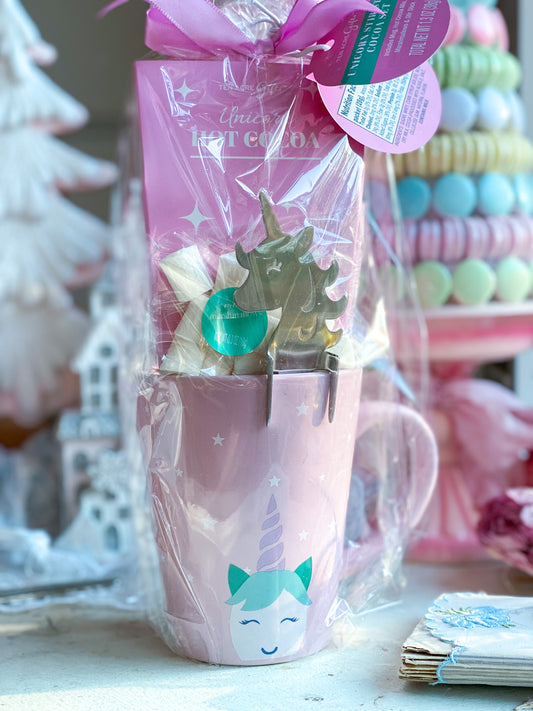 Set de regalo taza unicornio y chocolate caliente