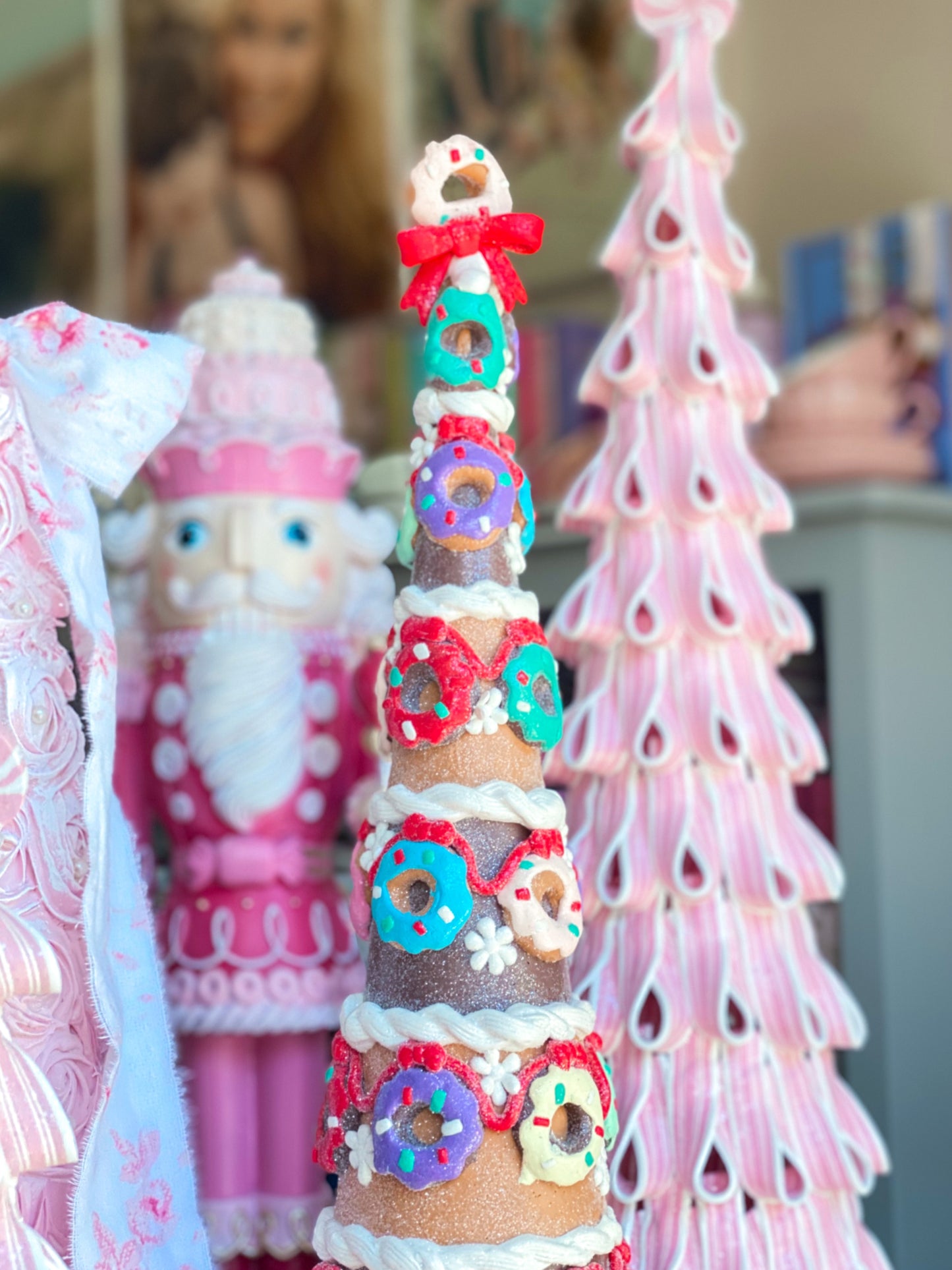 Large Gingerbread Tree covered in Doughnuts