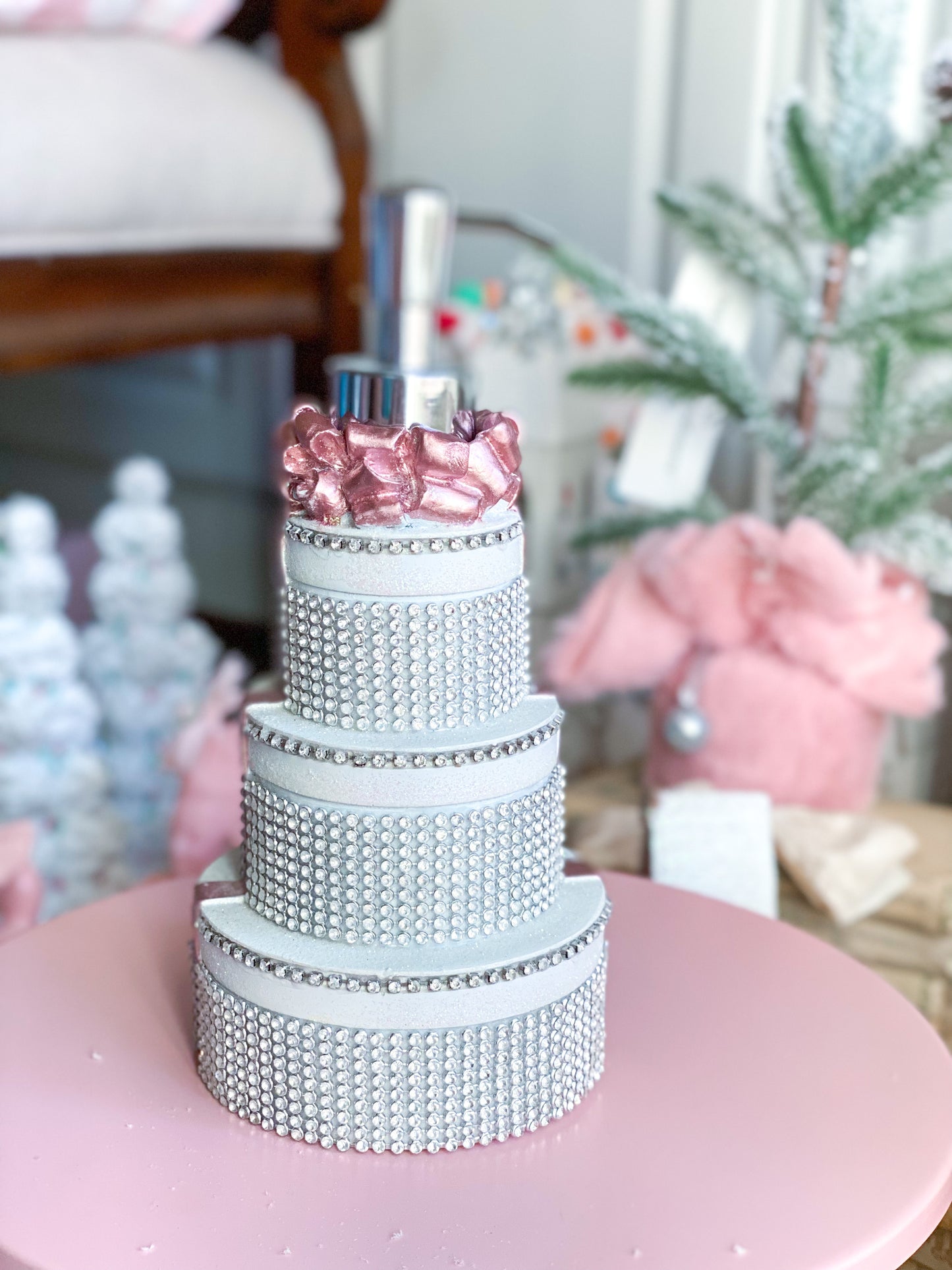 Three Tier Bandbox Jeweled Soap Dispenser with Pink Bow