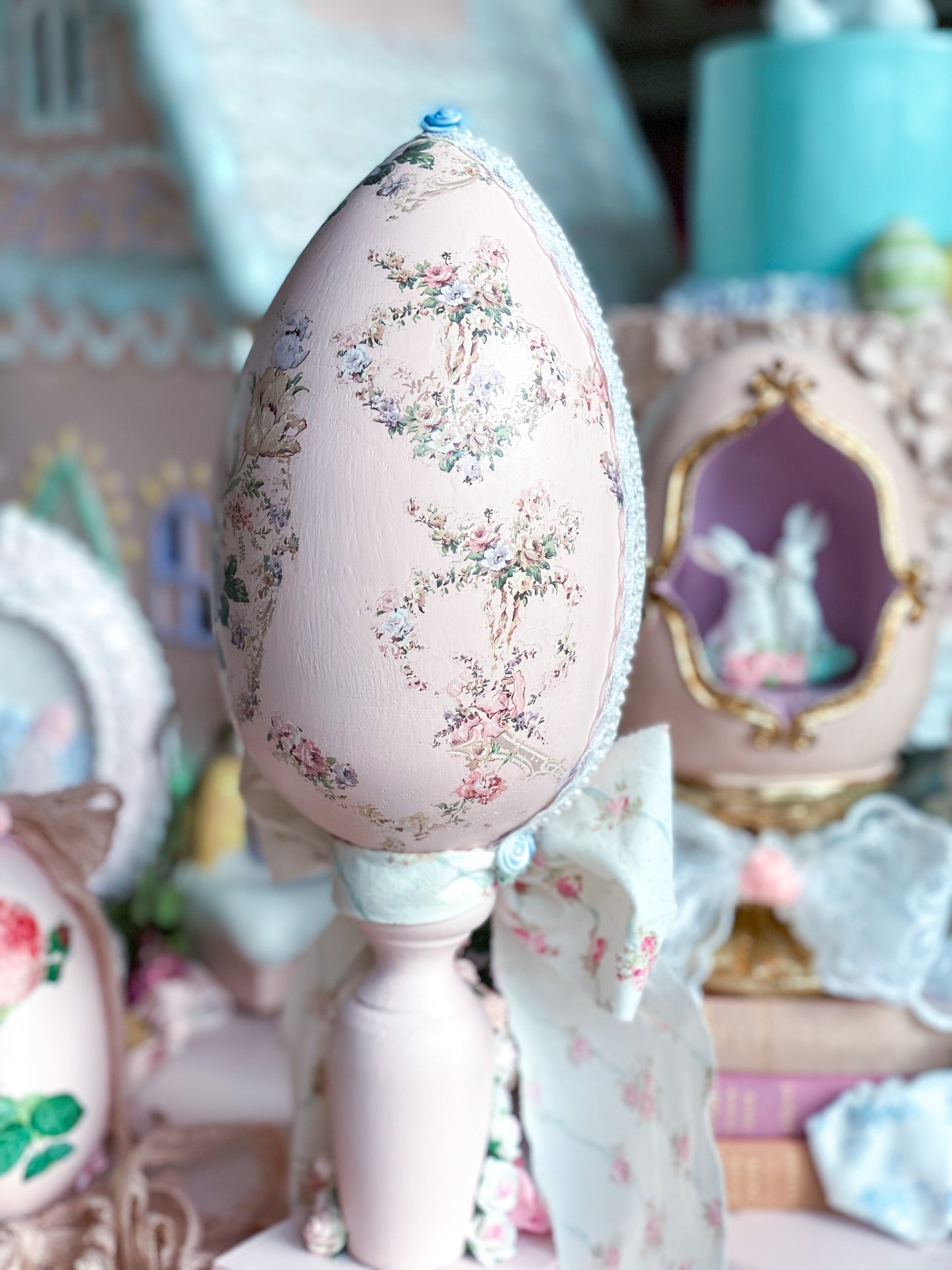 Bespoke Shabby Chic Egg Finial with Large Bow