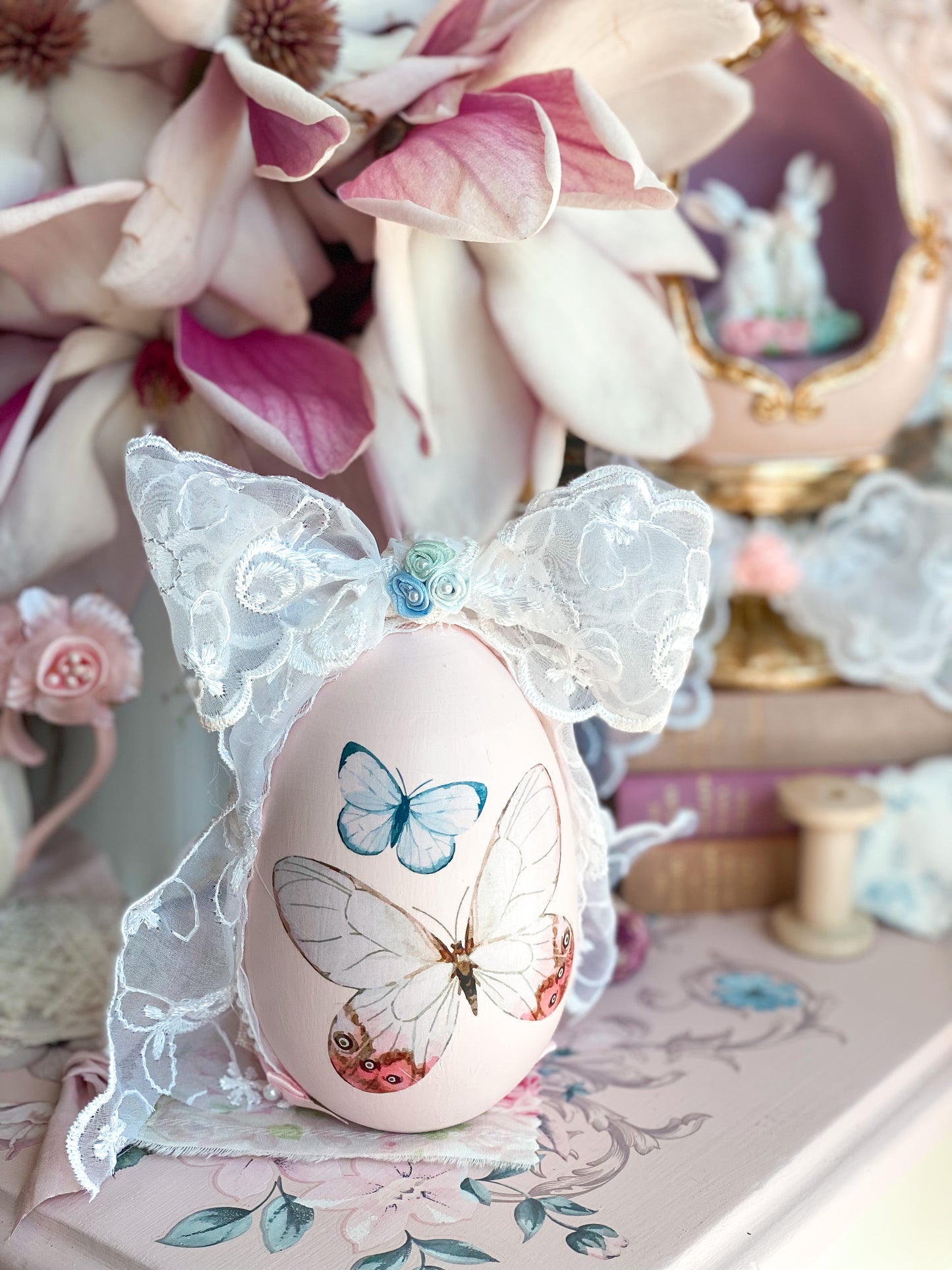 Bespoke Pastel Pink Easter Egg with Blue and White Butterflies and Vintage Chiffon Bow