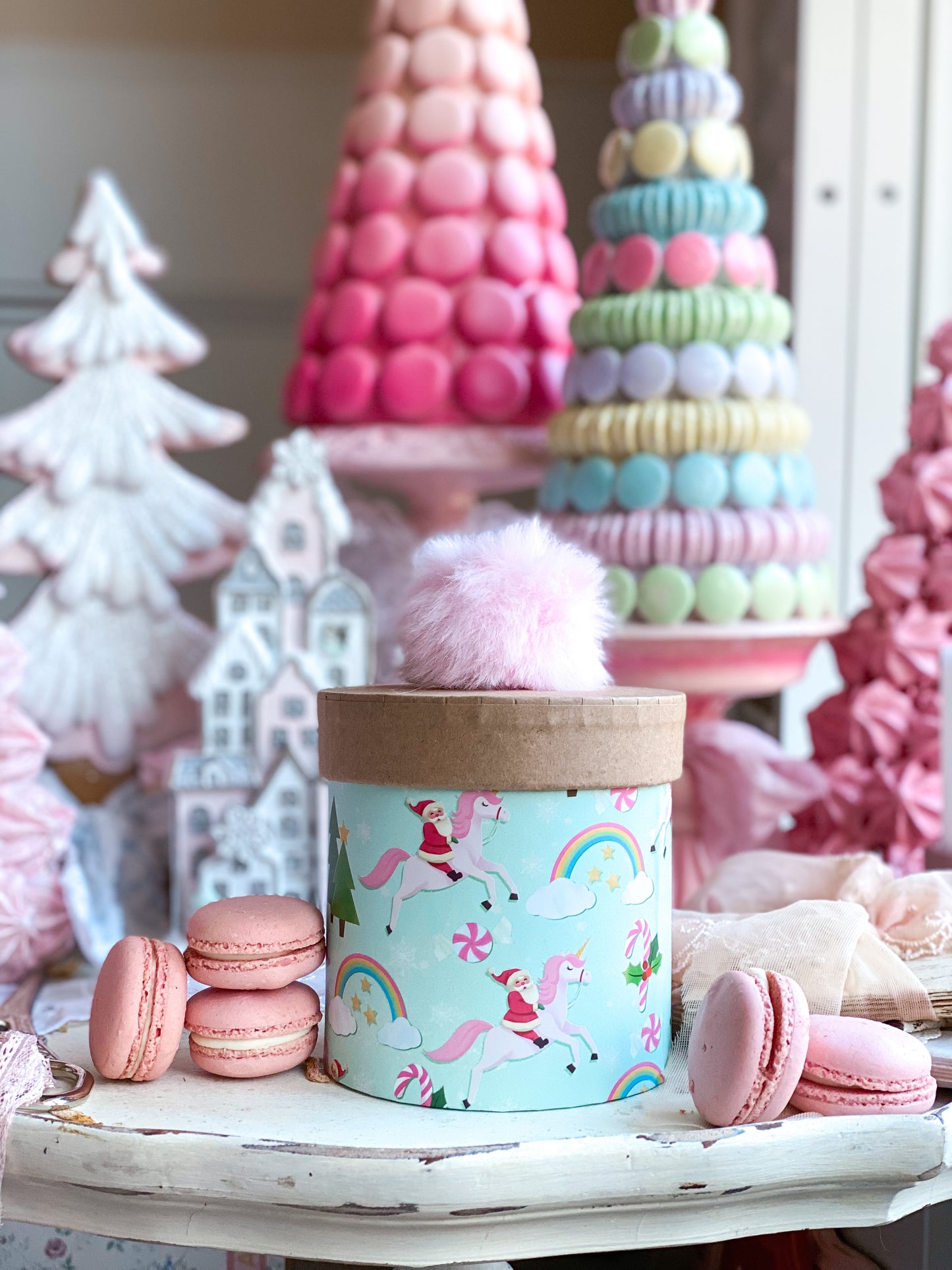 Whimsical Santa and unicorn round box with pink pouf
