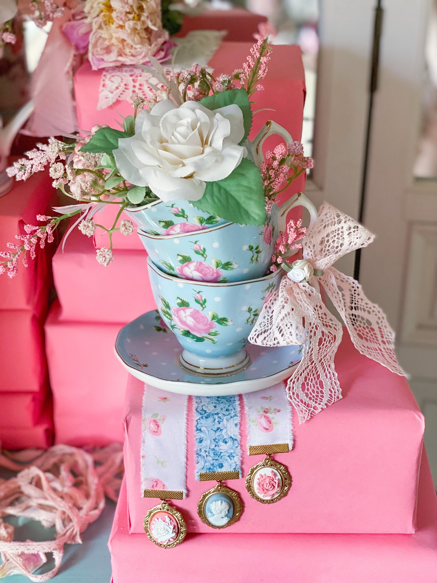 Bespoke Pastel Blue & Pink Stacked Royal Albert Style Shabby Chic Tea cups with Floral Arrangement
