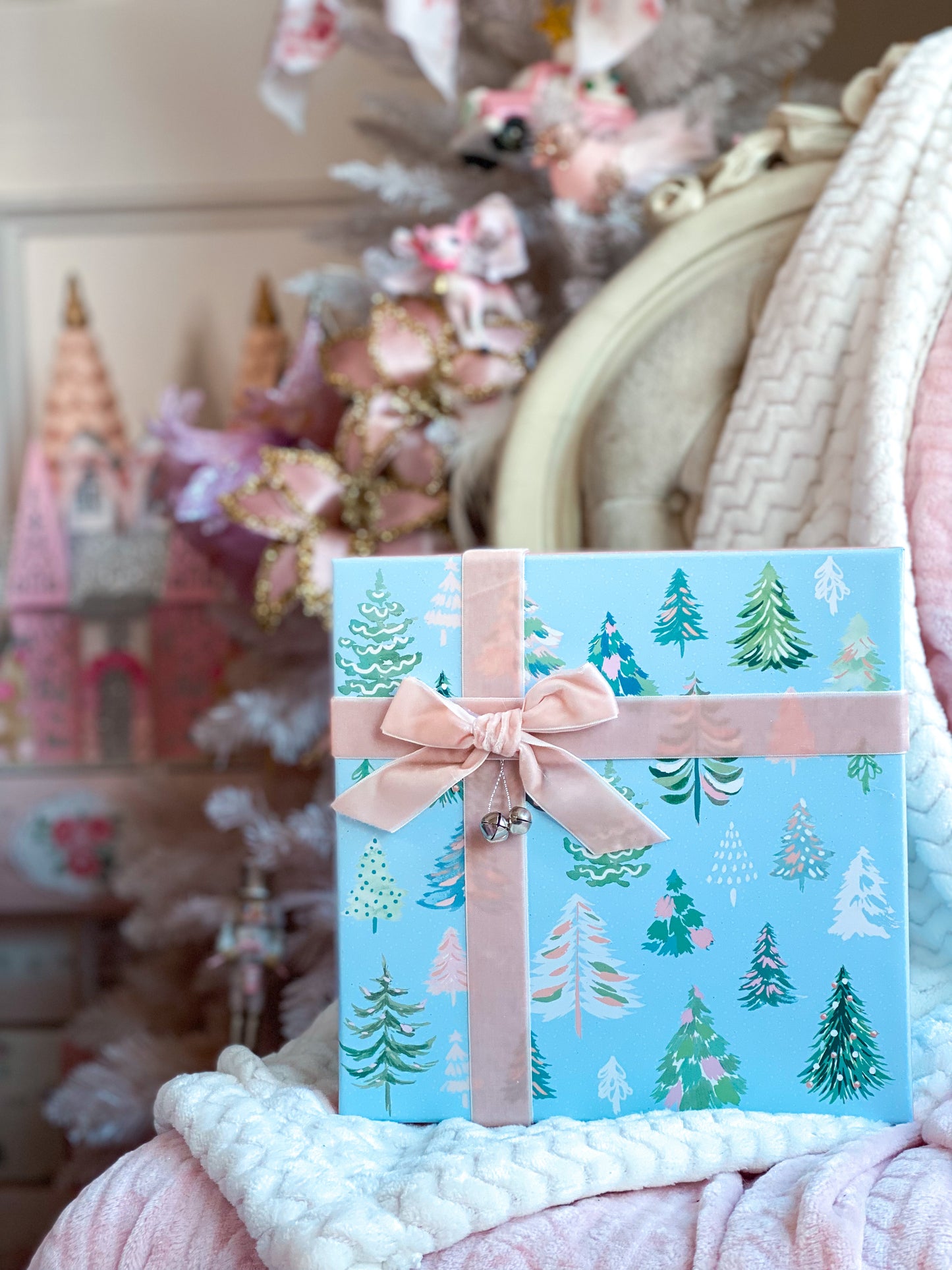 Large Blue and Blush Christmas Tree Gift Box with blush velvet ribbon