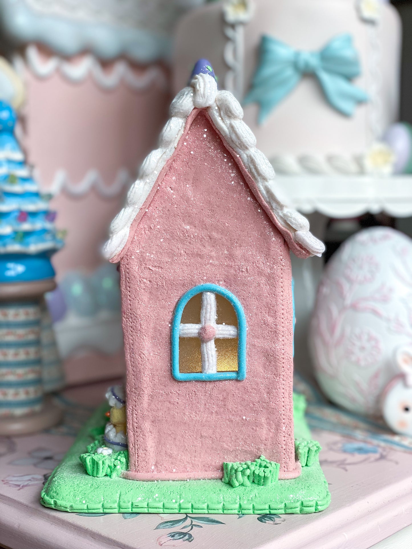 Pastel Pink, Blue, Purple LED light up Claydough Easter Gingerbread House