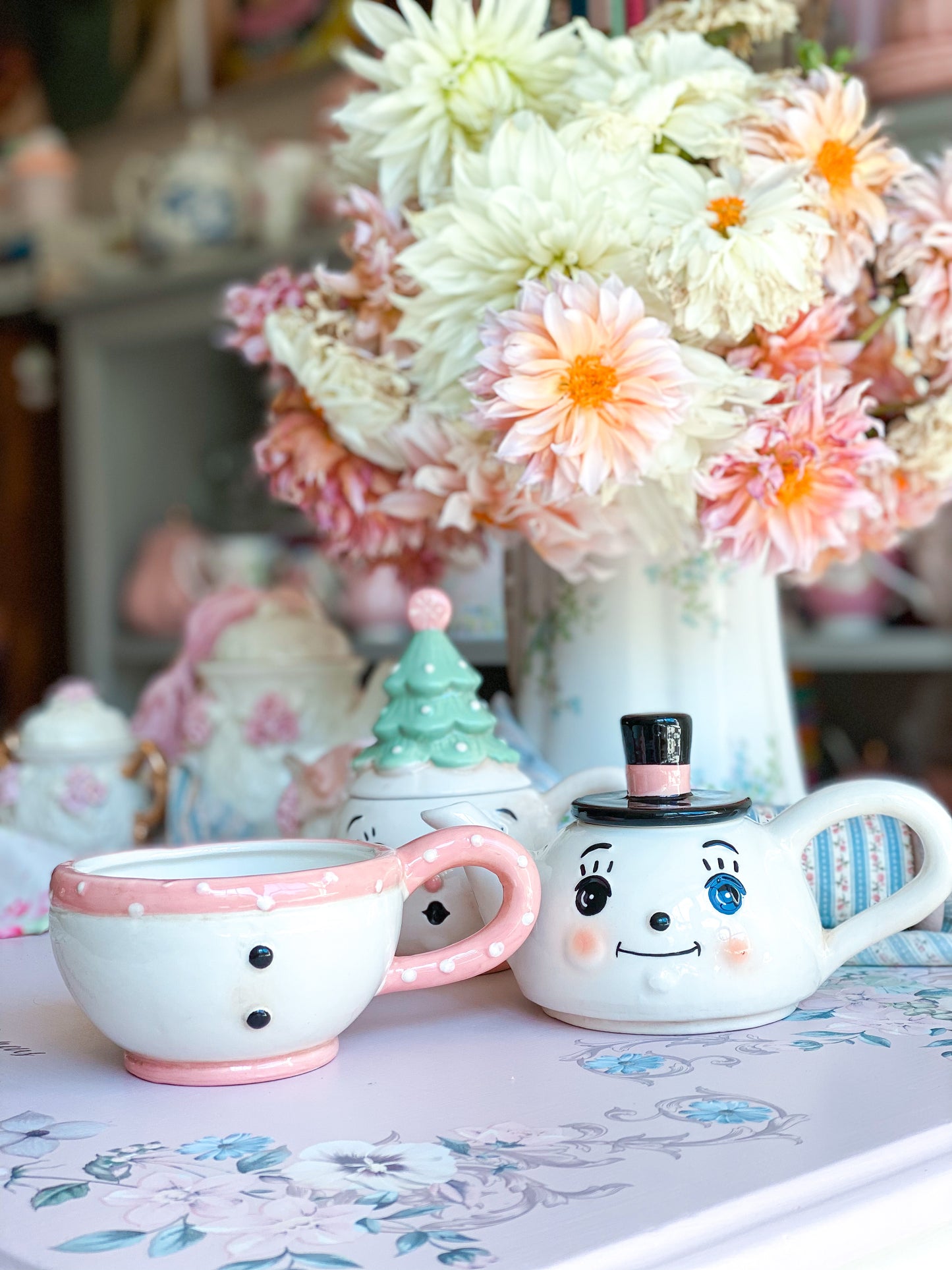 Pastel Pink Snowman Teapot and Mug by Johanna Parker