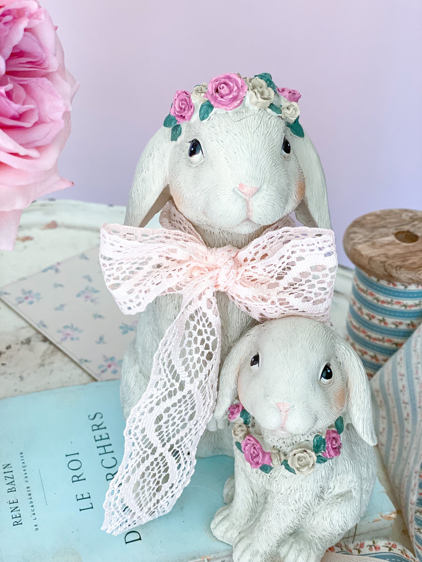 Mama & Baby Easter Bunny with Pastel Pink Floral Headbands Figurine