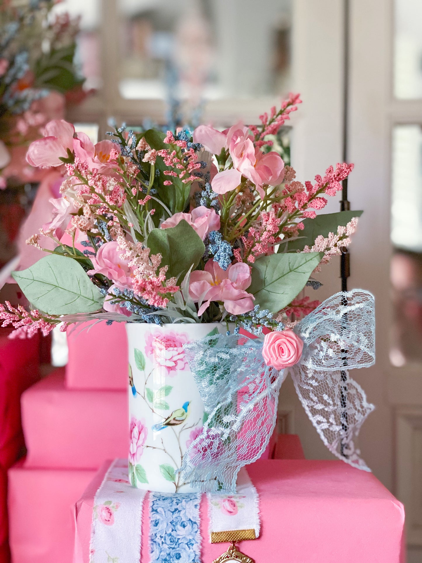 Bespoke Bird and Peony Coffee Cup Arrangement