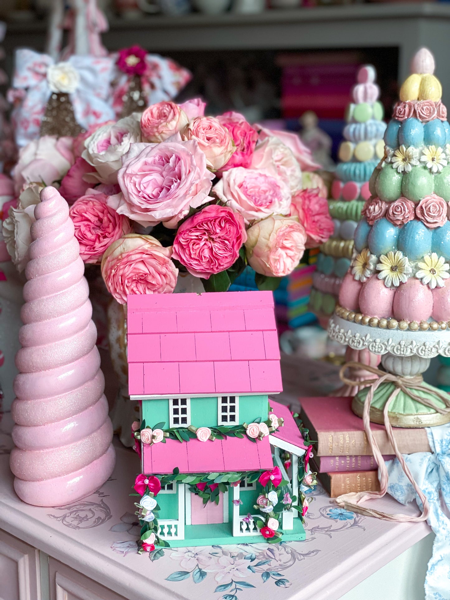 Bespoke Pastel Pink and Green Shabby Chic Floral Spring Easter Village Houses