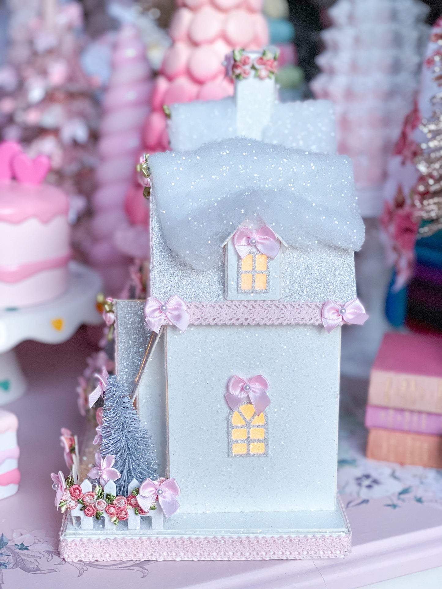 Bespoke Shabby Chic Pastel Pink & White LED light up Glitter House