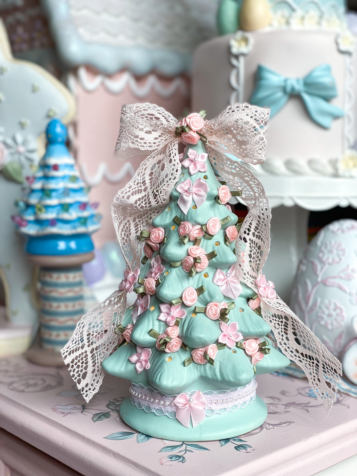 Bespoke Mint Green Spring Tree with Pink Flowers