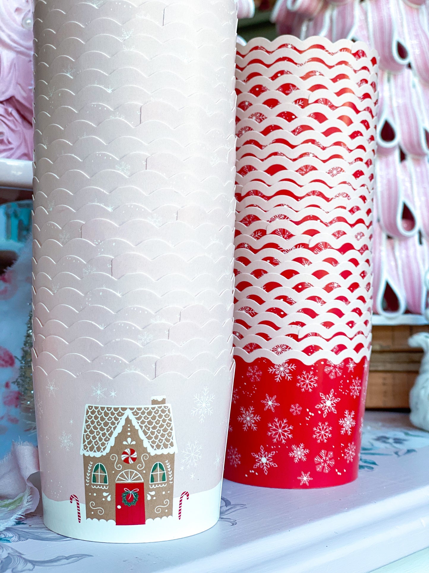 Set of 50 Pink and Red Gingerbread House Baking Cups