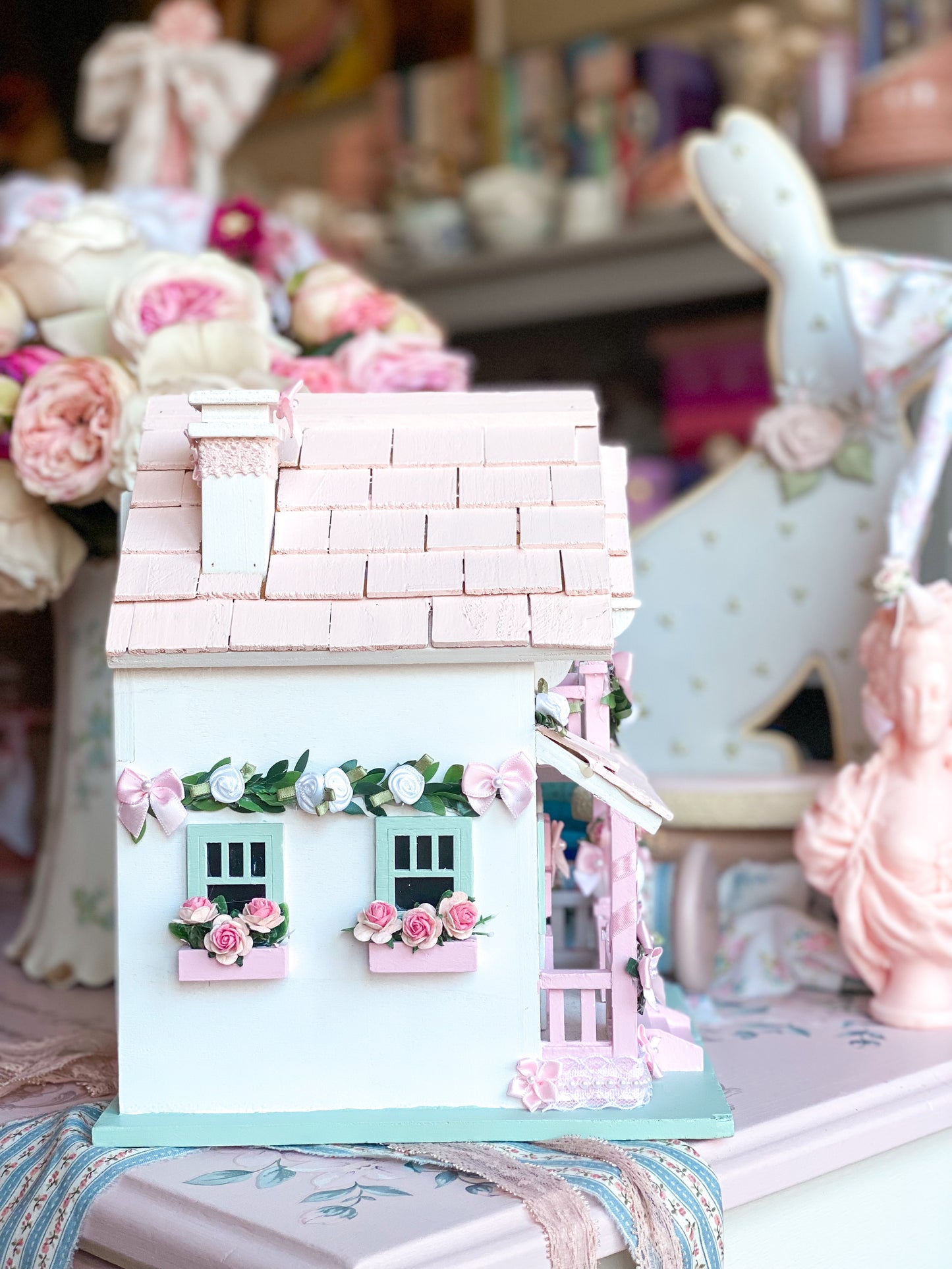 Bespoke Two Story Pastel Pink and Mint Green Shabby Chic Floral English Cottage