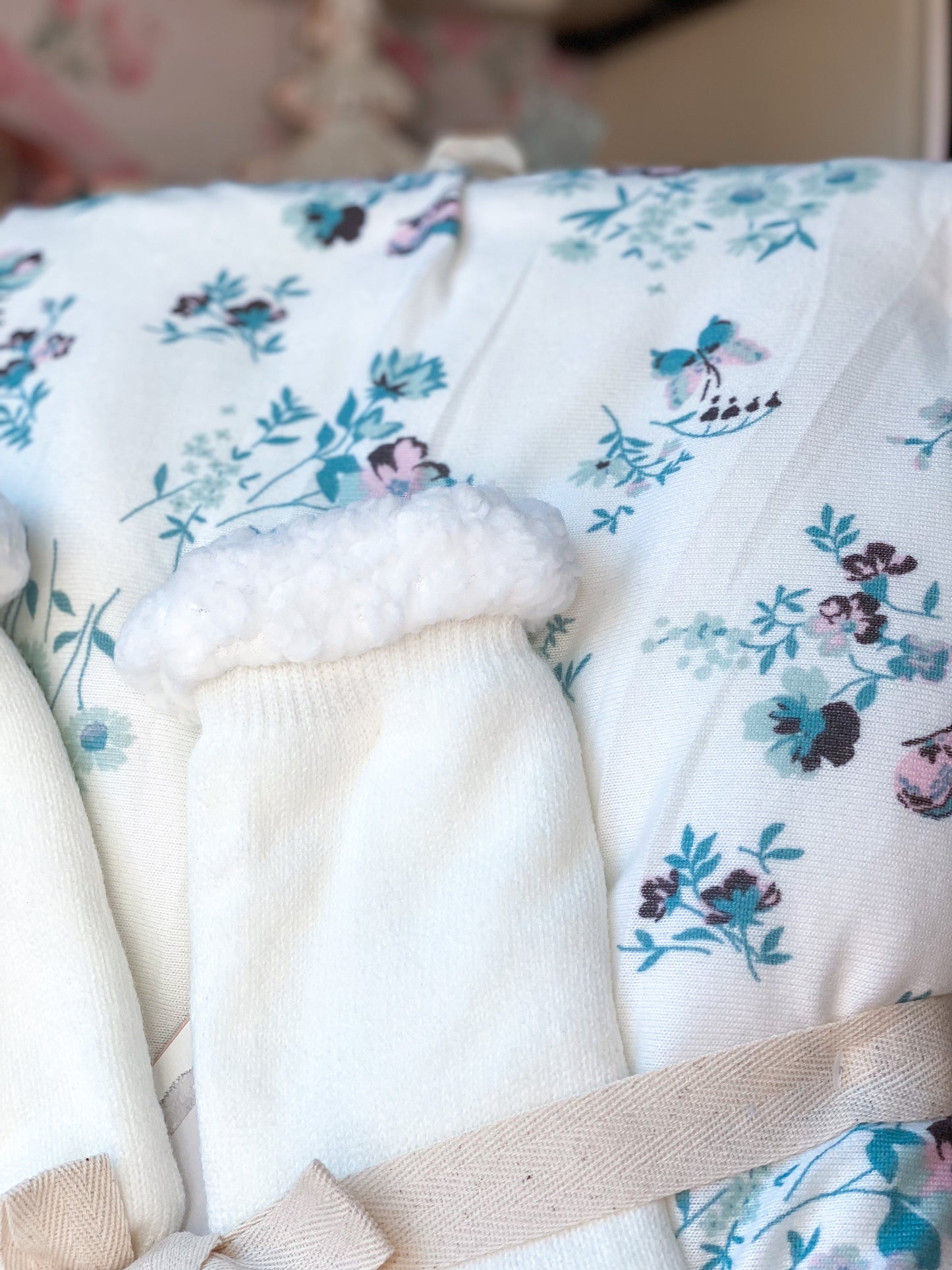 Shabby Chic white and blue floral blanket with butterflies