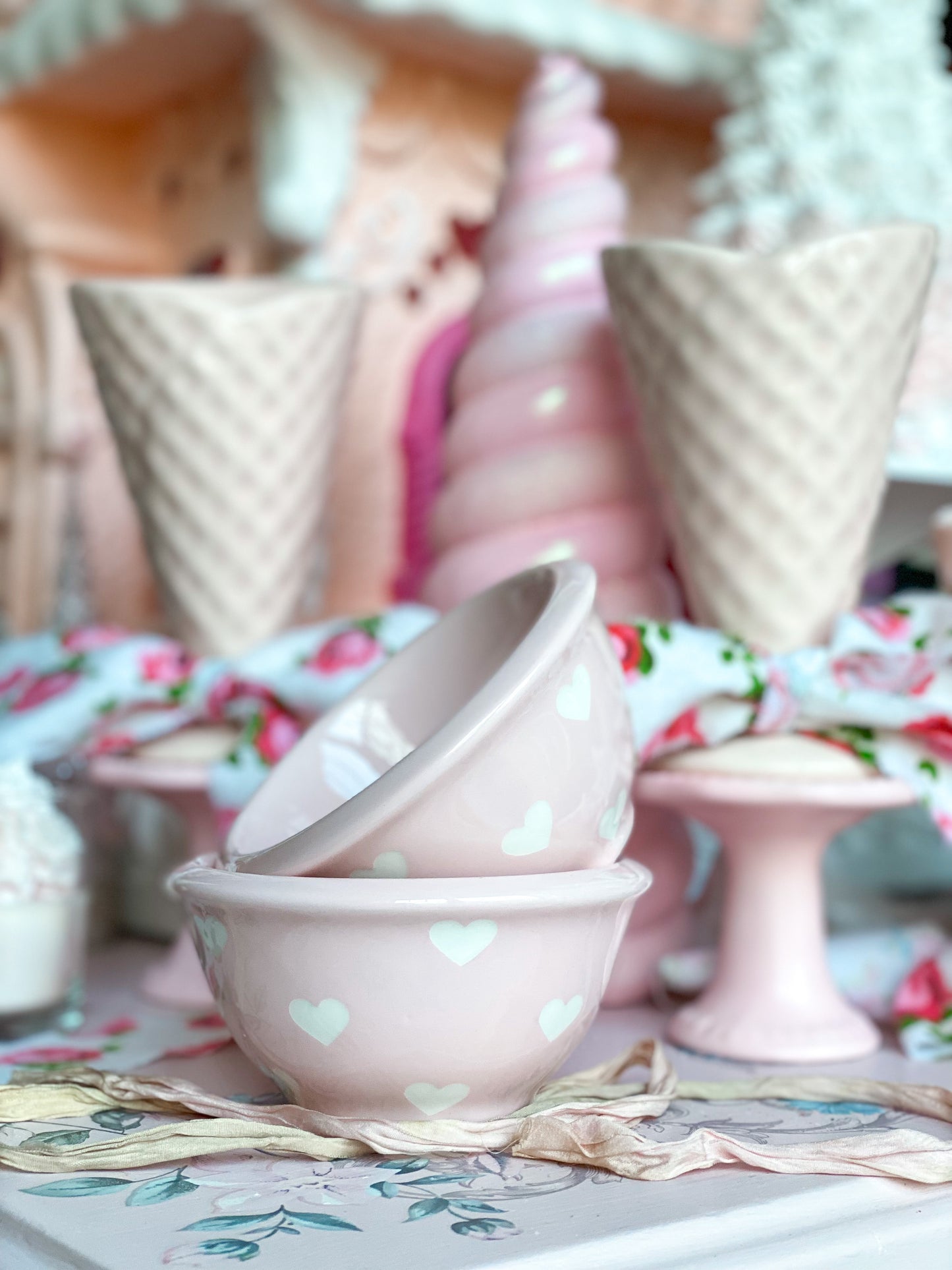 Set of 2 Small Pastel Pink Terramoto Bowls with White Heart Polka Dots