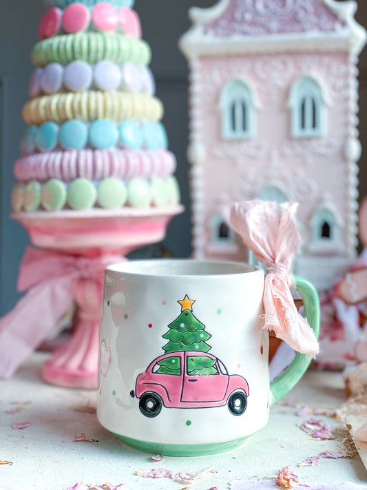 Pastel Pink VW Bug with Christmas Tree Polka Dot Mug