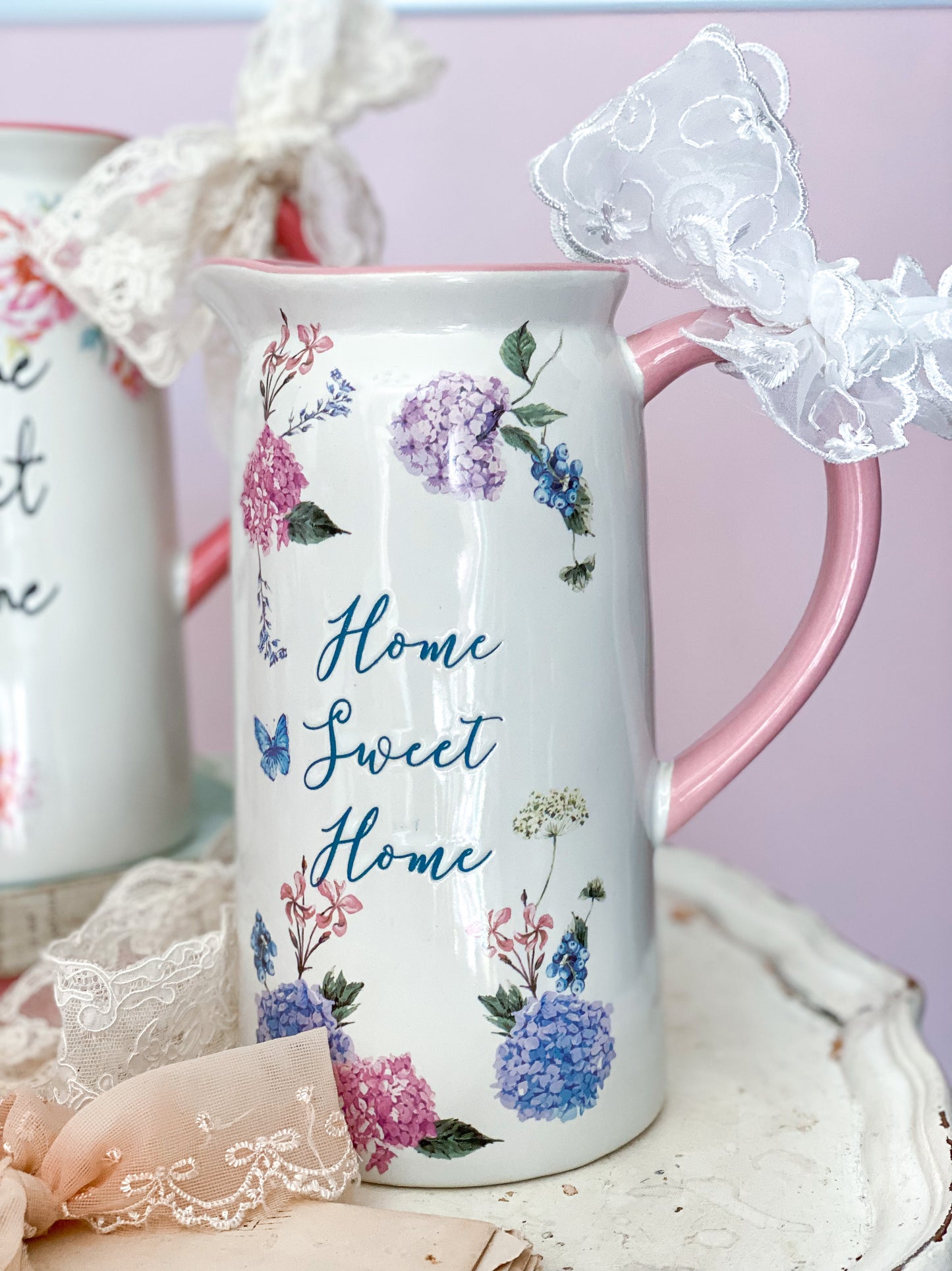 Home Sweet Home Pastel pink, blue and purple Floral Pitchers with peonies and hydrangeas