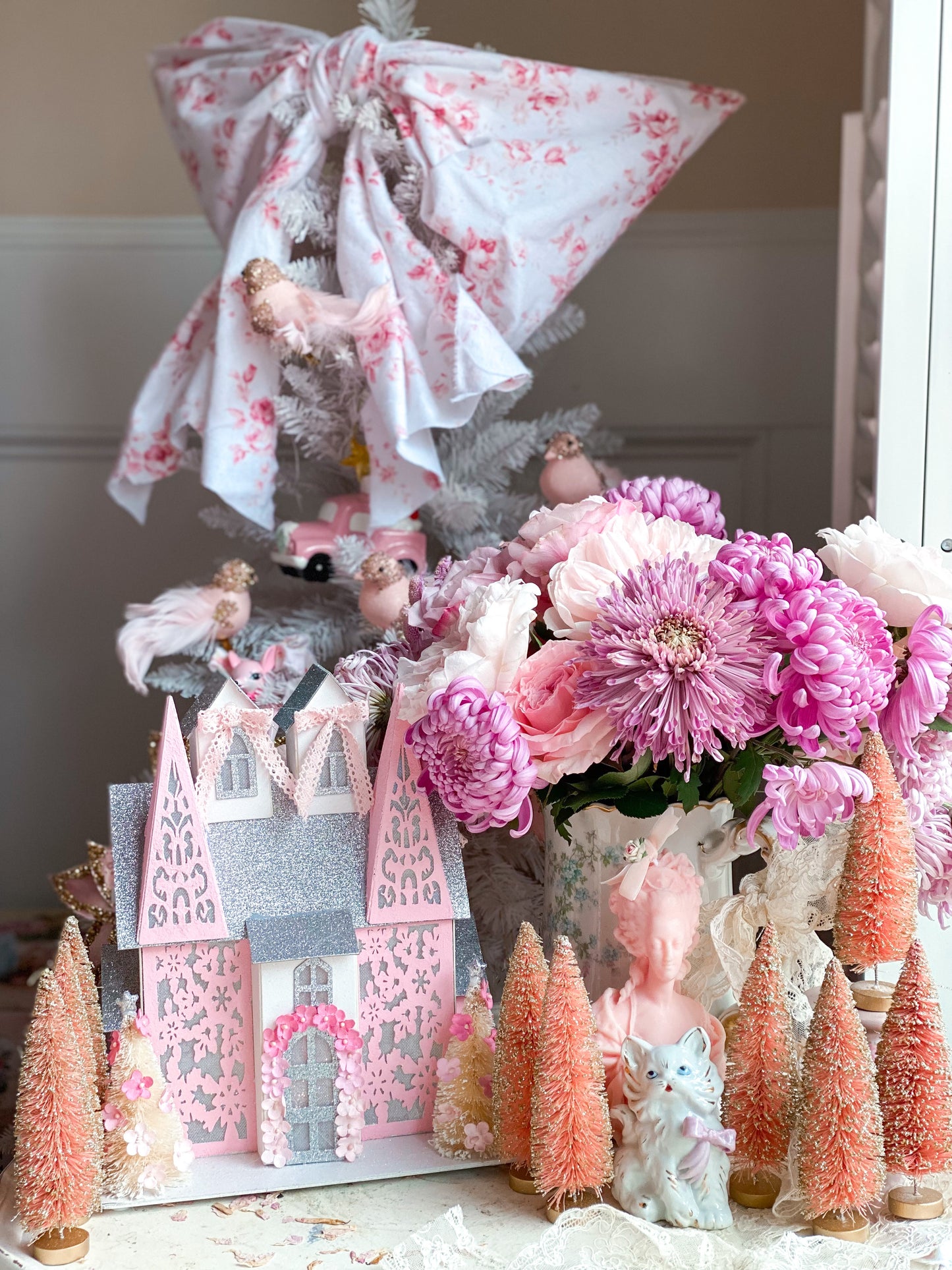 Bespoke Pastel Shabby Chic Pink and Silver Glitter Mansion Putz House with Floral Details