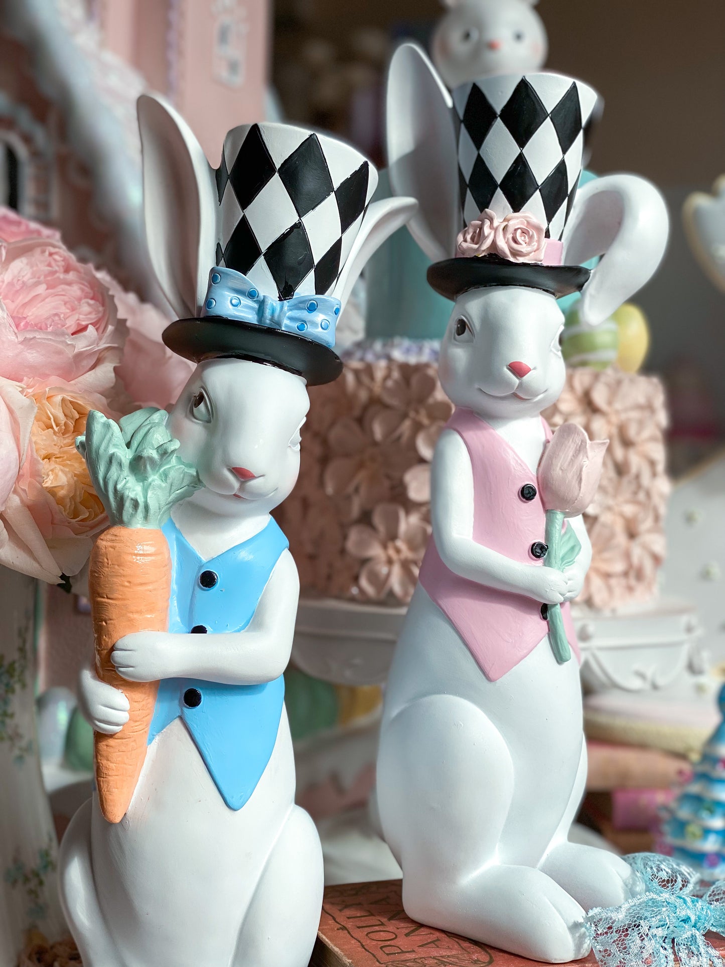 Bespoke Hand Painted Pastel Pink and Blue Mad Hatter Easter Bunnies