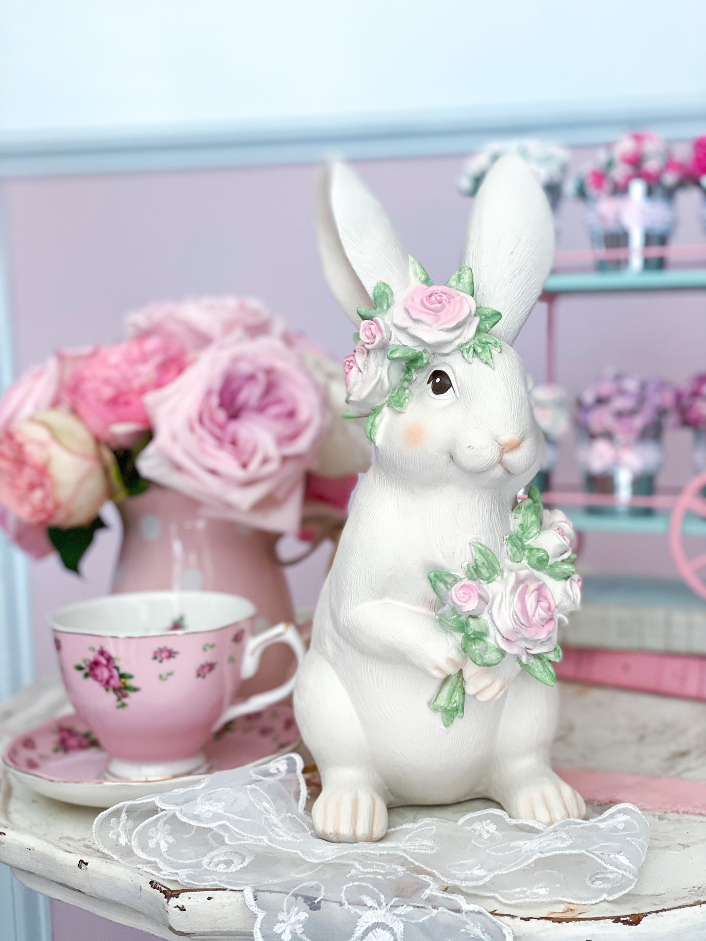 Shabby Chic Grand Millennial Easter Bunny with Pastel Pink Roses Figurine