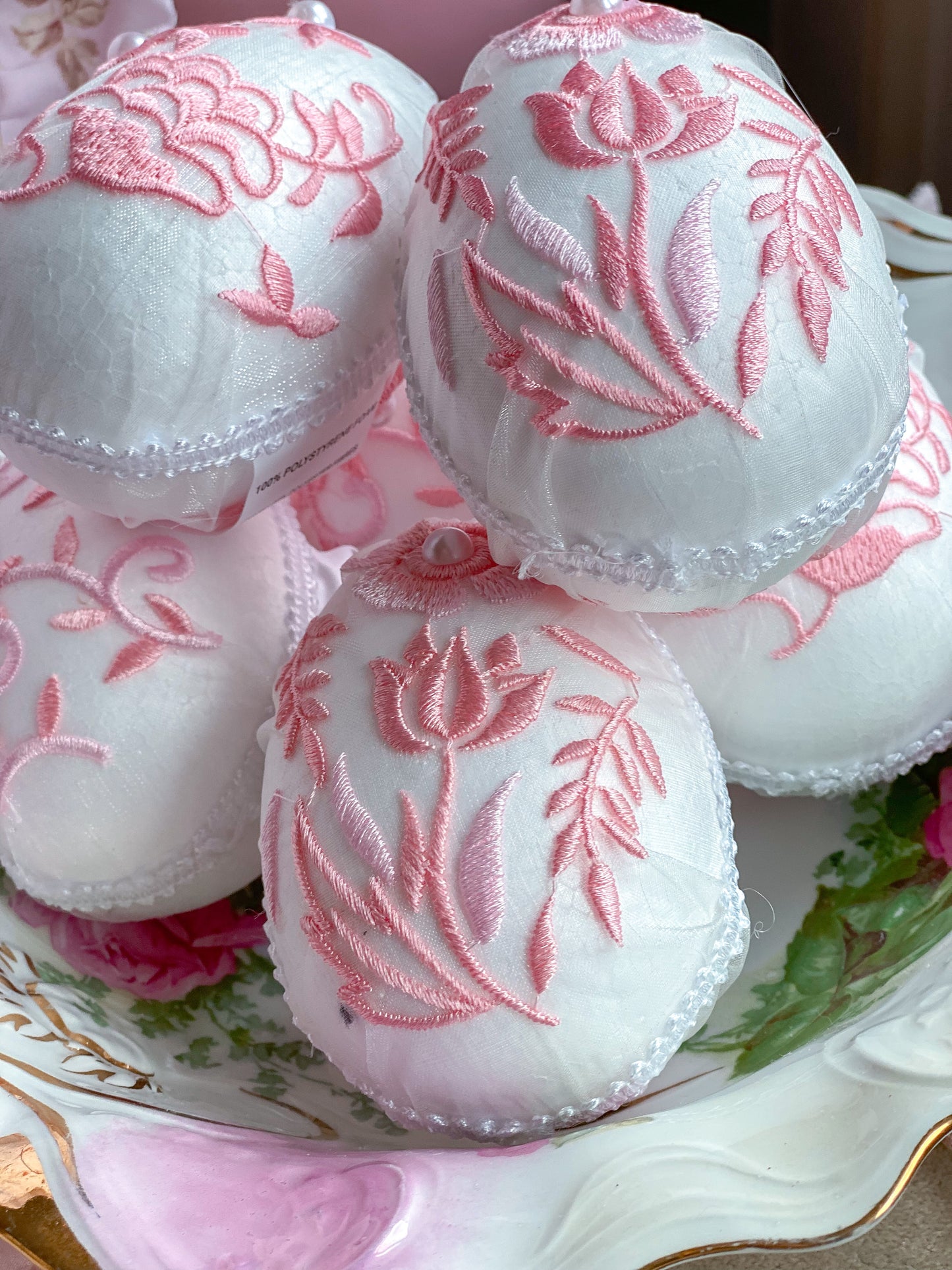 Set of 6 Shabby Chic Pink Embroidered Fabric Egg Bowl Sitters