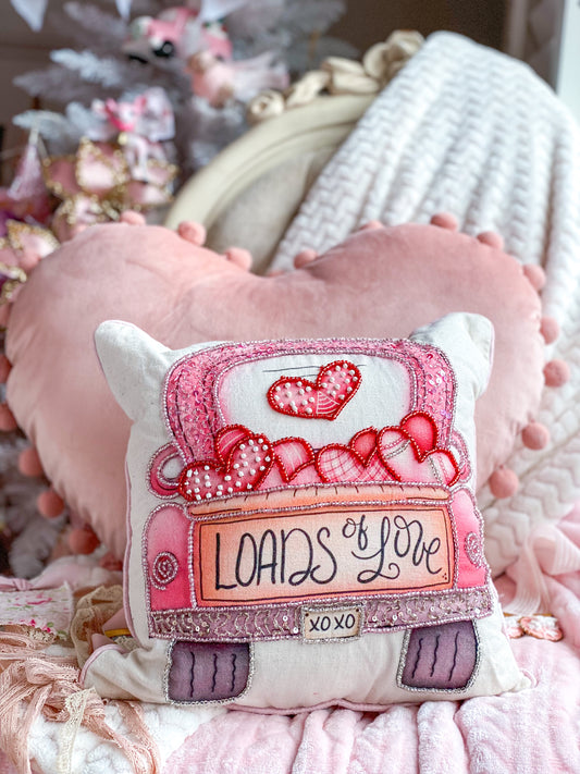 Pastel Pink Loads of Love Valentine’s Day Beaded Throw Pillow with Vintage Truck