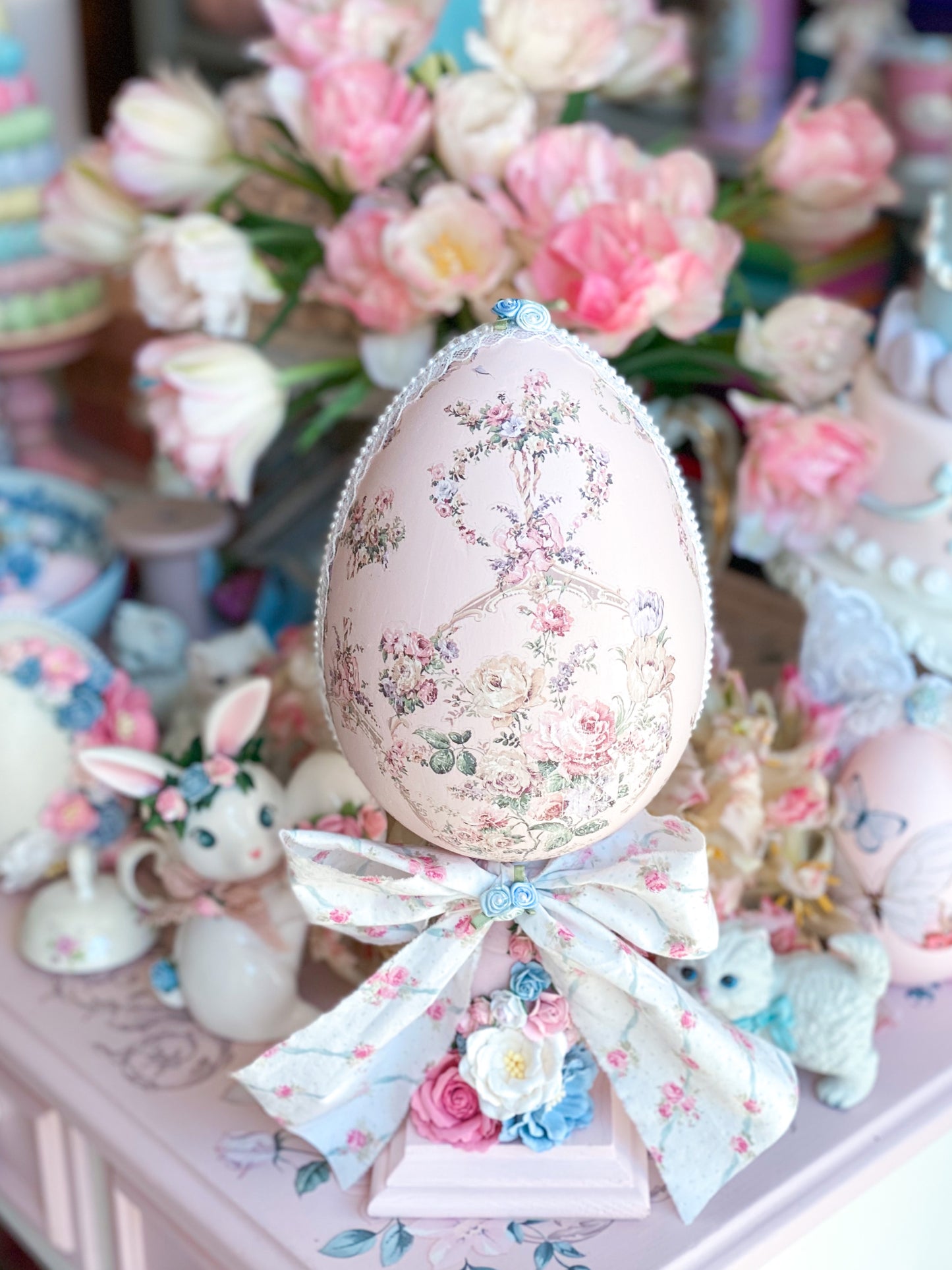 Bespoke Shabby Chic Egg Finial with Large Bow