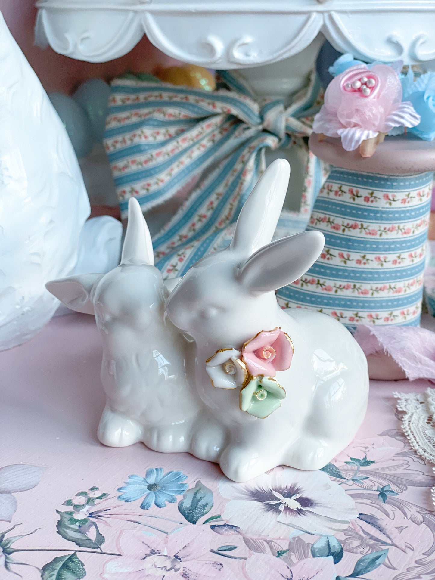 Grandmillennial Bunnies with Pastel Ceramic Flowers