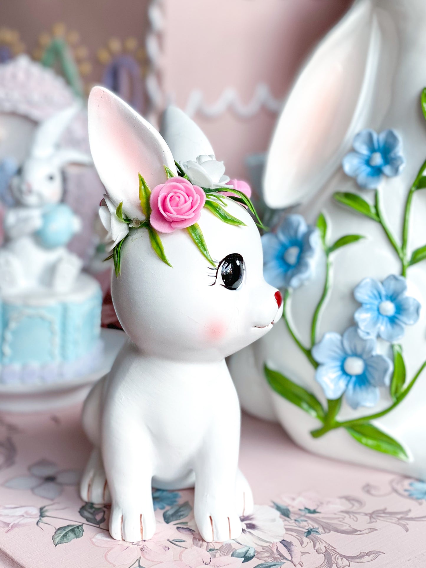 Doe eyed Bunny with Floral Headband Figurine