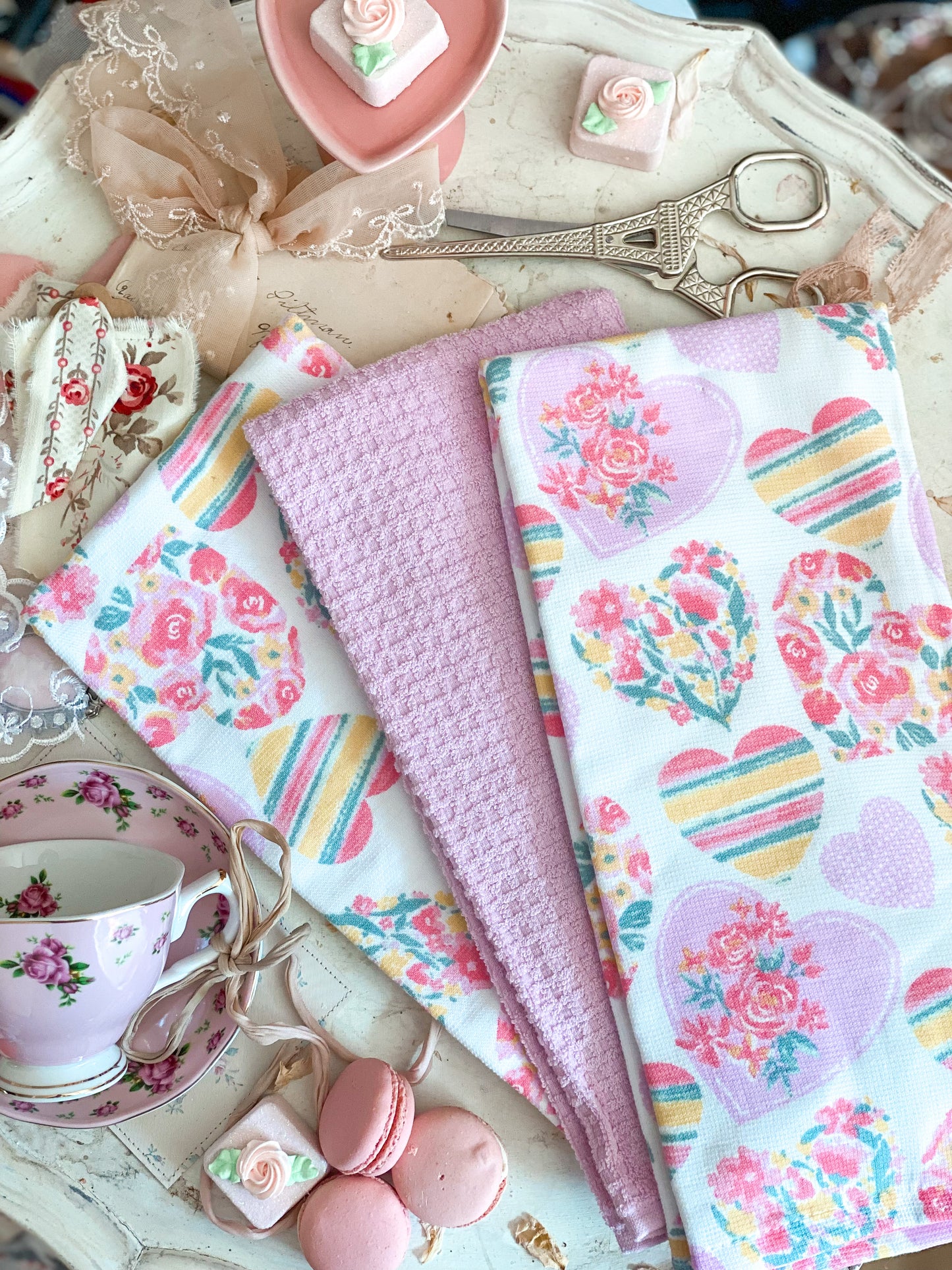 Set of 3 Pink Floral Heart Tea Towels
