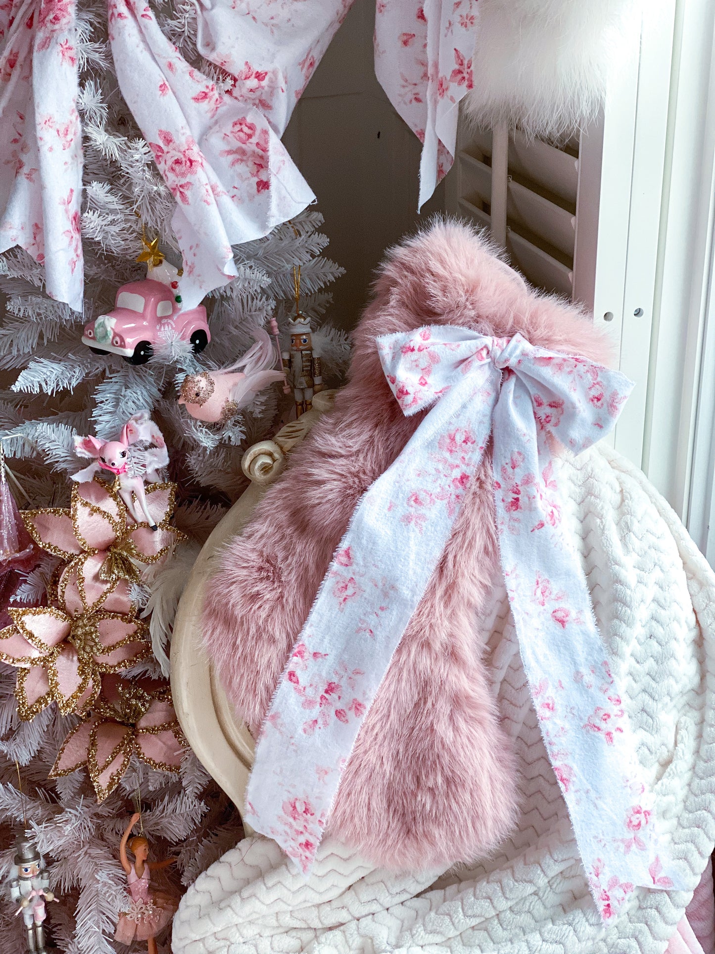 Pink Fur Stocking with Bespoke Floral Bow