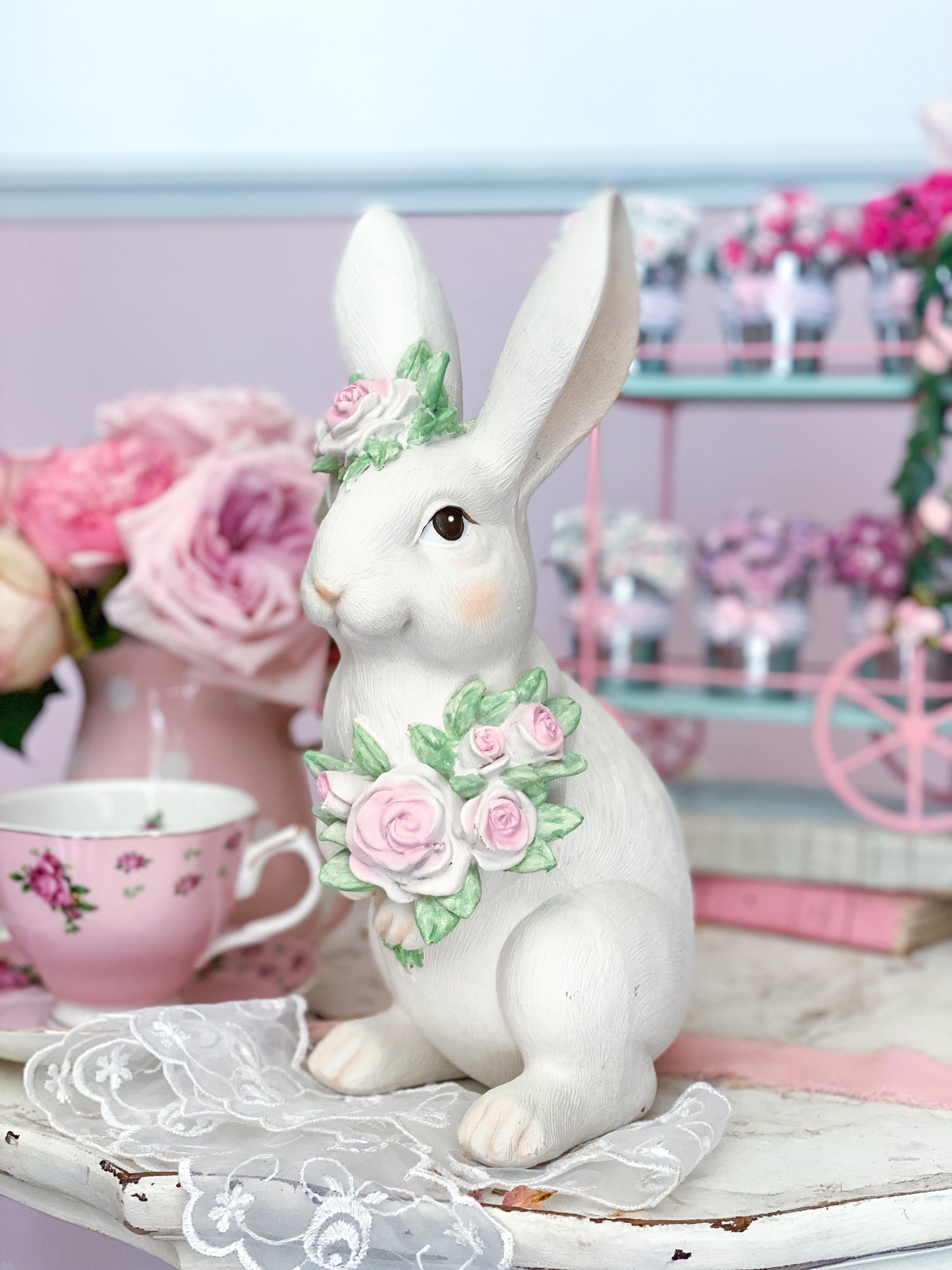 Shabby Chic Grand Millennial Easter Bunny with Pastel Pink Roses Figurine